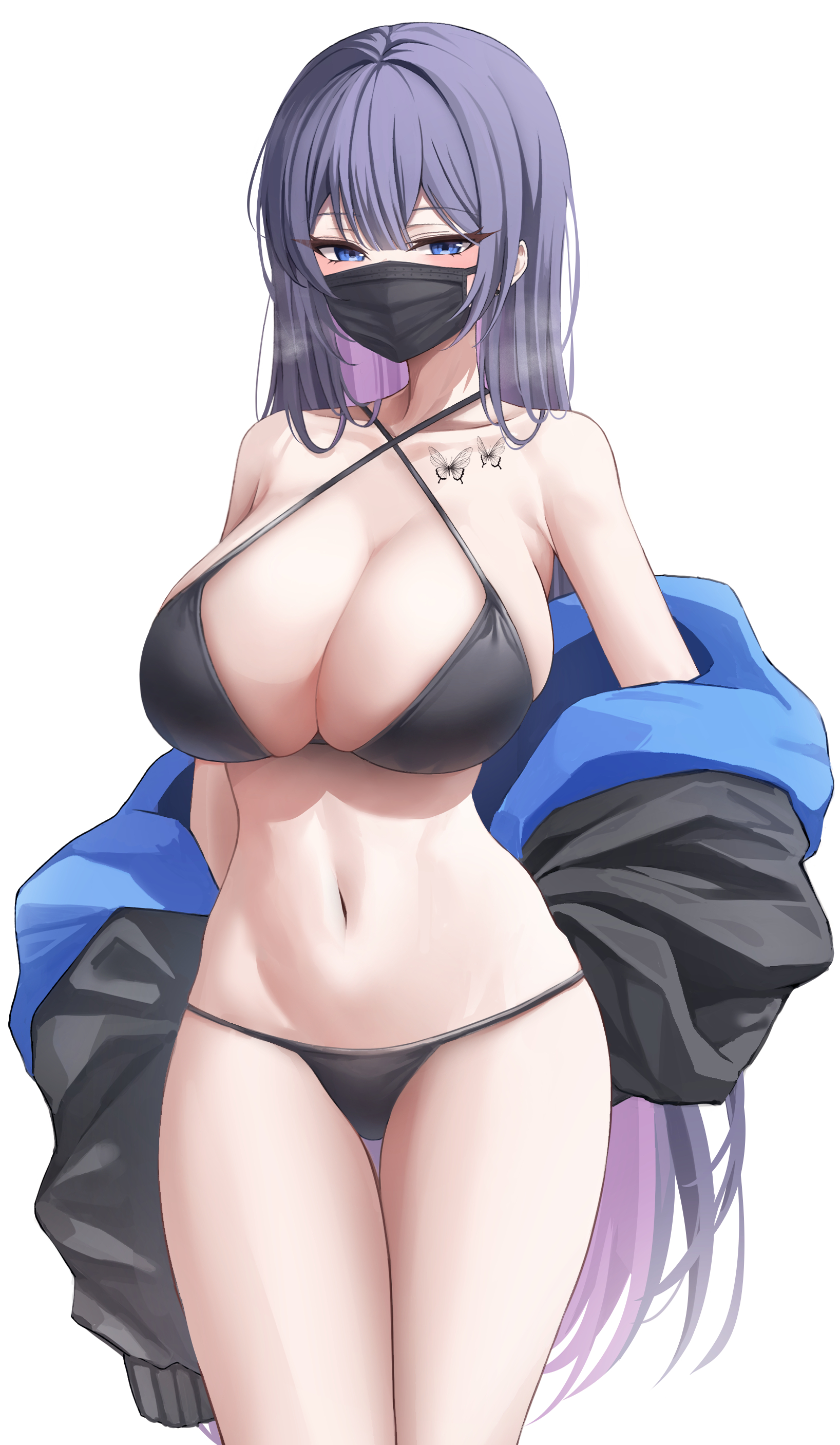 1girls, big breasts, bikini, biya, black bikini, blue eyes, blush, breasts, cleavage, face mask, female, female only, highres, large breasts, long hair, looking at viewer, mask, navel, original, purple hair, solo, solo female, steamy breath, swimsuit, tattoo, thighs, white background, young, yuna (biya)