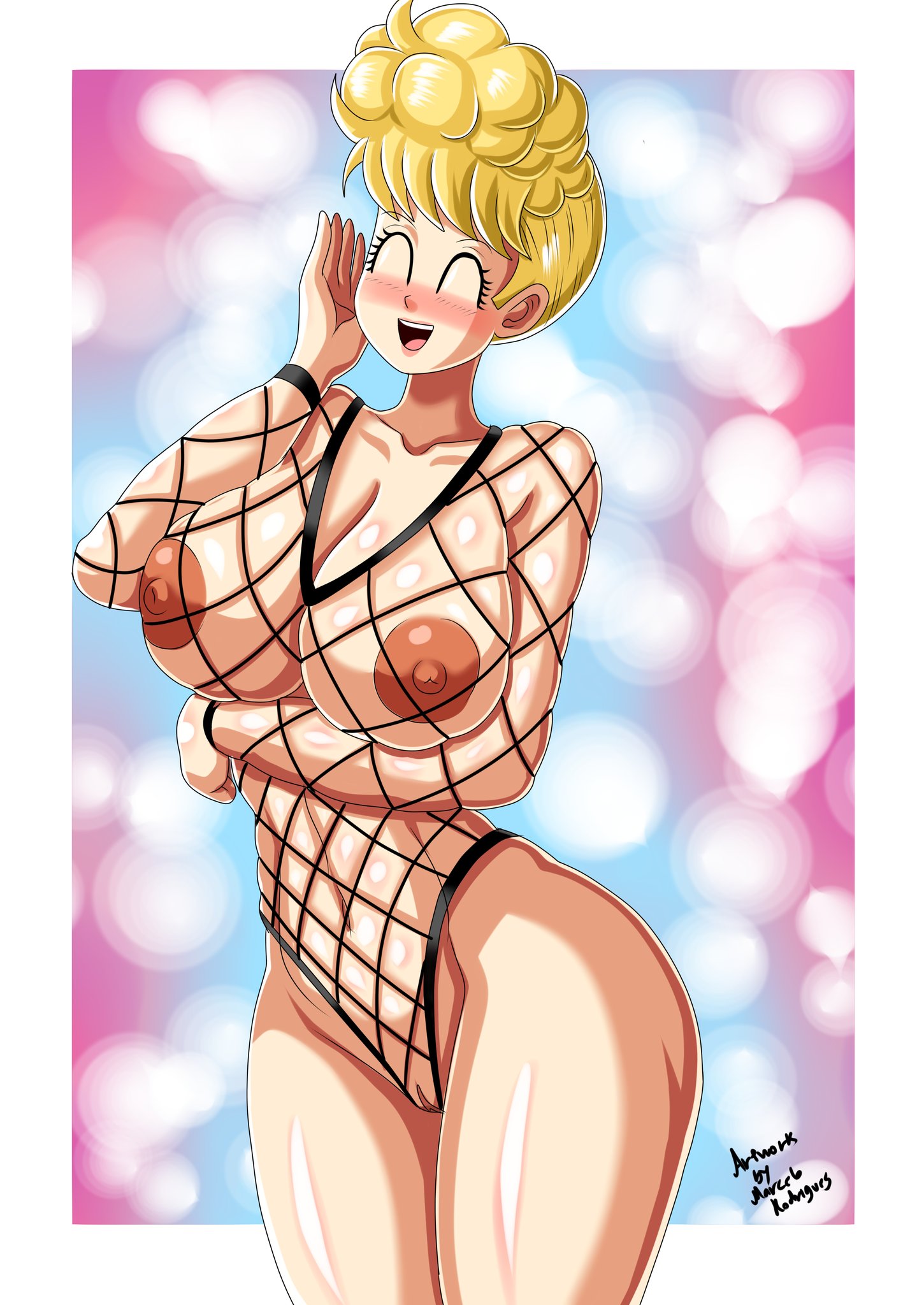 areolae, big breasts, blonde hair, breasts, dragon ball, female, female focus, female only, fishnet, fishnet leotard, fishnets, mature, mature female, milf, nipples, panchy, panchy (dragon ball), panchy briefs, rodriguesd-marcelo, solo