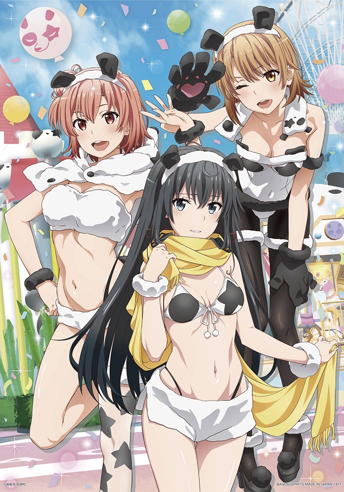 3girls, animal ears, artist request, bikini top, blush, cleavage, female, female only, festival, isshiki iroha, leaning forward, long hair, looking at viewer, multiple females, multiple girls, my teen romantic comedy snafu, official art, open mouth, pantyhose, paw gloves, scarf, yuigahama yui, yukinoshita yukino