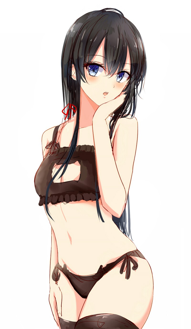 1girls, artist request, blush, bra, female, female only, hand on head, innocent, lingerie, long hair, looking to the side, my teen romantic comedy snafu, open bra, presenting, solo, stockings, tagme, underwear, yukinoshita yukino