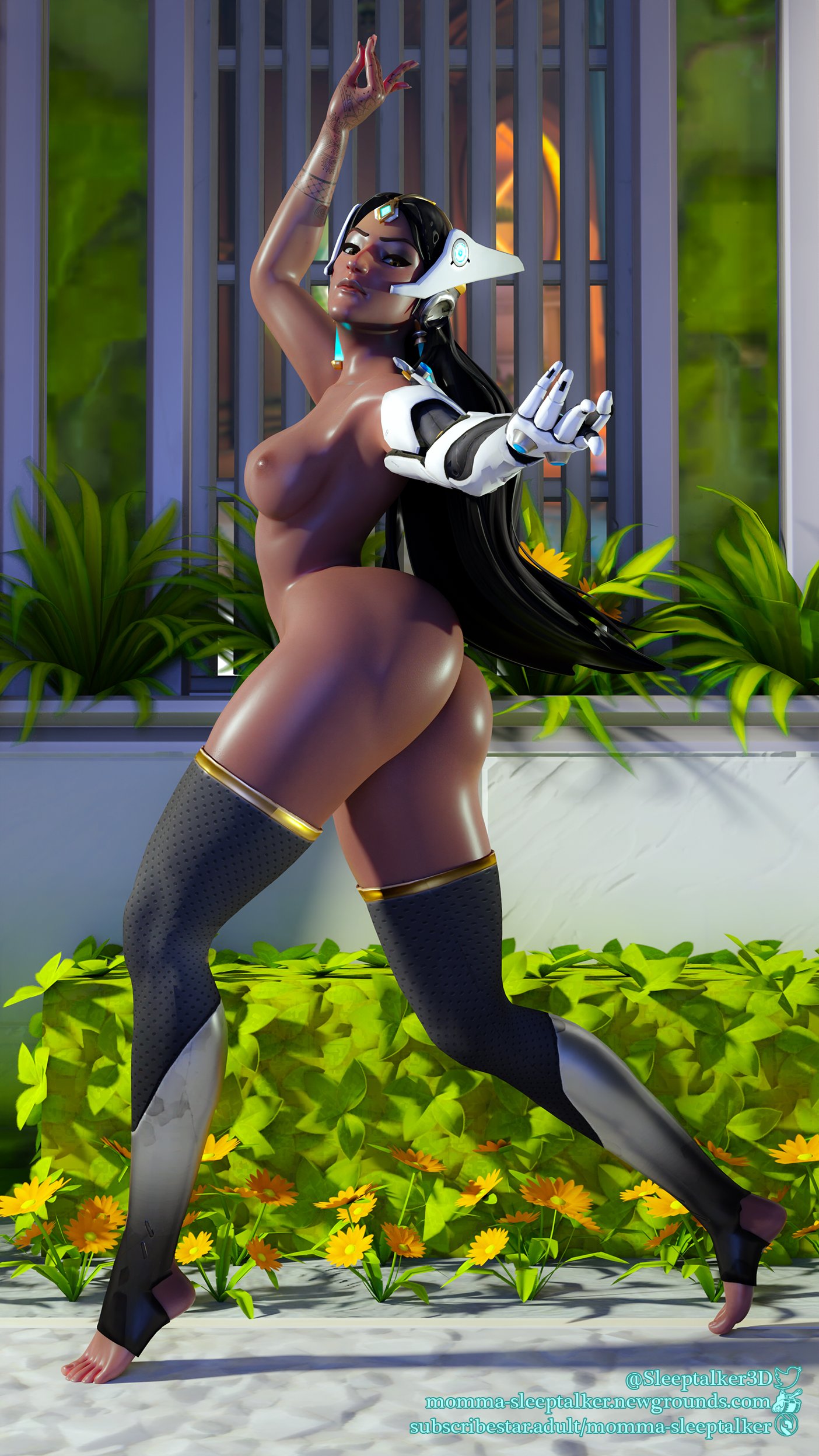 1girls, 3d, alternate version available, areolae, ass, big ass, black hair, boobs and butt pose, bottom heavy, breasts, dark skin, dark-skinned female, female, female only, full body, functionally nude, long hair, momma-sleeptalker, nipples, nude, outside, overwatch, shiny skin, solo, symmetra, toes