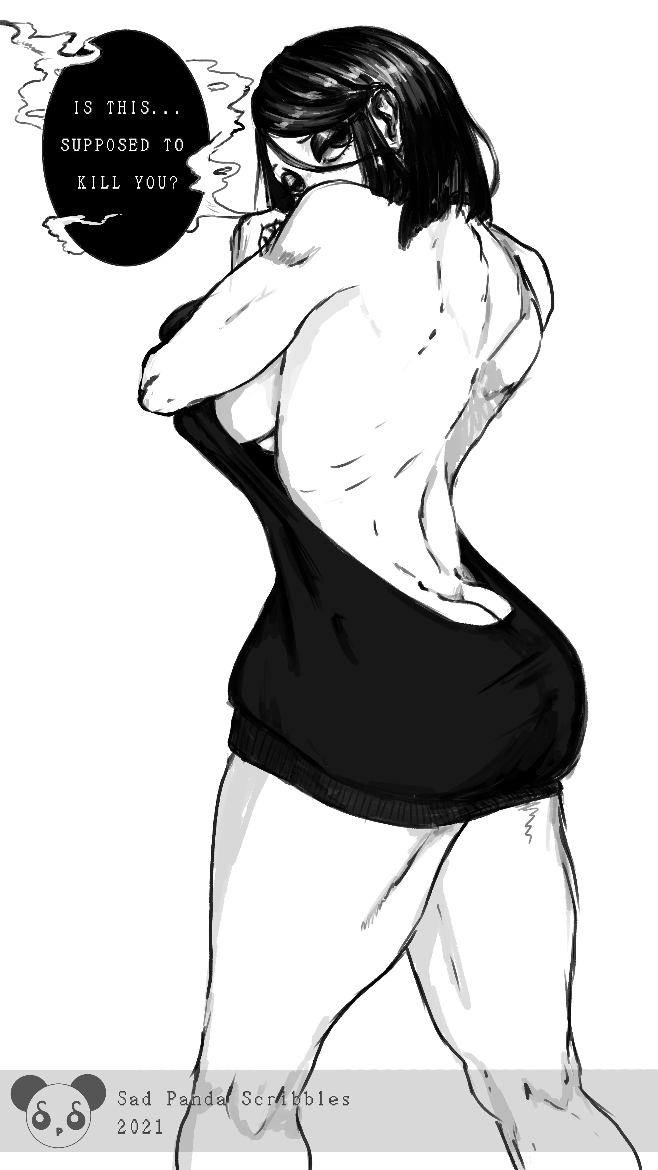 ass, ass cleavage, ass crack, bare legs, bareback, big breasts, black hair, breasts, bubble ass, bubble butt, busty, butt crack, female, female focus, female only, goth, hourglass figure, long hair, rear view, sad panda scribbles, sideboob, skimpy, skimpy clothes, smoking, solo, tagme, underboob, veronica (saltynoodles), virgin killer sweater, wide hips