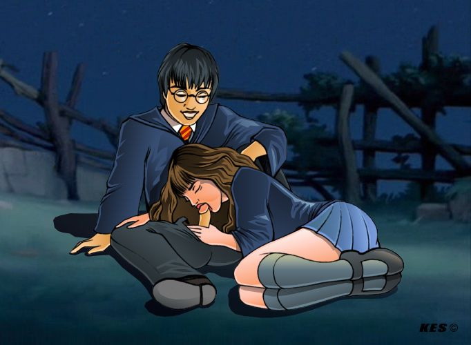 1boy 1girls bespectacled clothed fellatio female glasses harry_james_potter harry_potter hermione_granger human kes_(artist) male male/female oral oral_sex skirt socks straight tagme