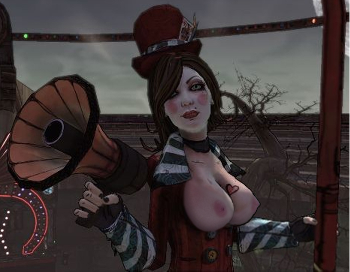 black_nails blush_makeup borderlands breasts brown_hair carnival eyeshadow face_paint hat large_breasts lips mad_moxxi makeup megaphone nipples photoshop red_jacket tattoo top_hat topless