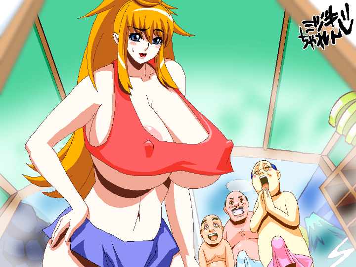 1girls 3boys areola_slip areolae bald bare_shoulders bathhouse bimbo blue_eyes blush breasts cleavage collarbone curvy diva_mizuki erect_nipples erection eyebrows_visible_through_hair female female_focus glasses gravion hand_on_hip huge_breasts japanese_text jyubei lips lipstick long_hair male midriff moustache multiple_boys navel nipples nipples_visible_through_clothing orange_hair penis red_lipstick revealing_clothes short_shorts skimpy solo_focus steam sweat sweatdrop tachibana_mizuki text towel underboob voluptuous