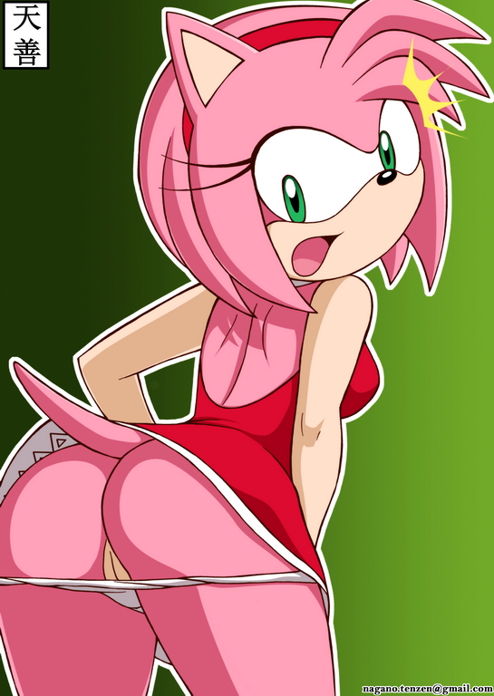 amy_rose anthro anthrofied ass back_view beige_skin big_head clothed clothing color dress female female_only fur furry hedgehog huge_eyes looking_back panties pink_fur solo sonic_(series) tenzen toony