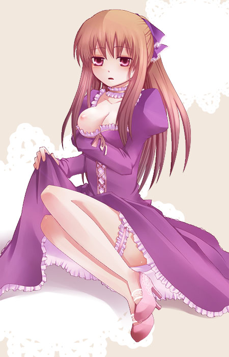 blush breasts breasts_out brown_hair choker cocorosso dress female hair_ribbon high_heels lace leg_garter long_hair nipples one_breast_out open_mouth pandora_hearts pink_eyes ribbon sharon_rainsworth shoes sitting solo