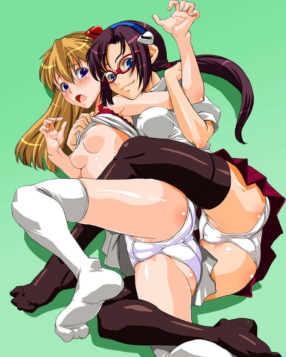 2girls ass asuka_langley_sohryu blue_eyes blush breasts brown_hair cameltoe dark_hair erect_nipples erect_nipples_under_clothes eyewear fat_mons feet female female_only glasses green_background hair_ornament hairclip highres human inviting large_breasts legs light-skinned_female light_skin long_hair mari_illustrious_makinami multiple_girls neon_genesis_evangelion nipples on_side panties presenting rebuild_of_evangelion shinama shirt shirt_lift simple_background skirt small_breasts smile spread_legs stockings thighhighs tied_hair trefoil twintails underwear upskirt white_panties yuri