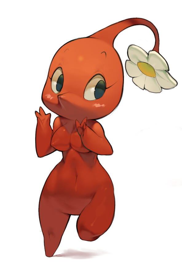 4_fingers blush breasts color female female_only flower front_view koki looking_left navel nintendo nude open_eyes pikmin pikmin_(species) red_pikmin red_skin solo standing white_background