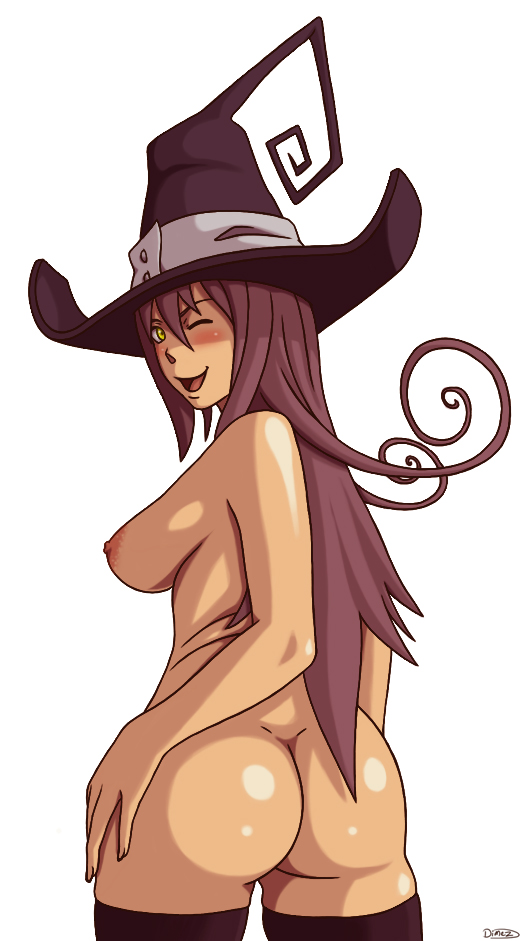 ass big_ass blair_(soul_eater) blush breasts erect_nipples hat kasugokage88 long_hair looking_back nipples nude open_mouth purple_hair sideboob smile soul_eater thighhighs wink witch_hat yellow_eyes