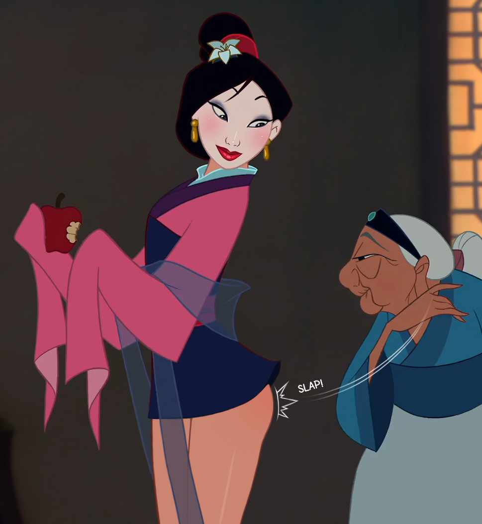 2girls accurate_art_style apple ass_slap black_hair bottomless butt_slap disney disney_princess earrings edit eyeshadow fa_mulan female female_only grandmother grandmother_and_granddaughter grandmother_fa lipstick loodncrood looking_back makeup mulan multiple_girls no_panties old_woman screenshot_edit spanked_butt spanking tied_hair