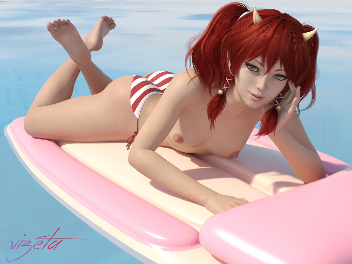 1girls, 3d, breasts, dead or alive, dead or alive xtreme venus vacation, demon, demon girl, female, female only, green eyes, horns, kanna (dead or alive), looking at viewer, lying, red hair, small breasts, solo, solo female, summer, vizeta, water
