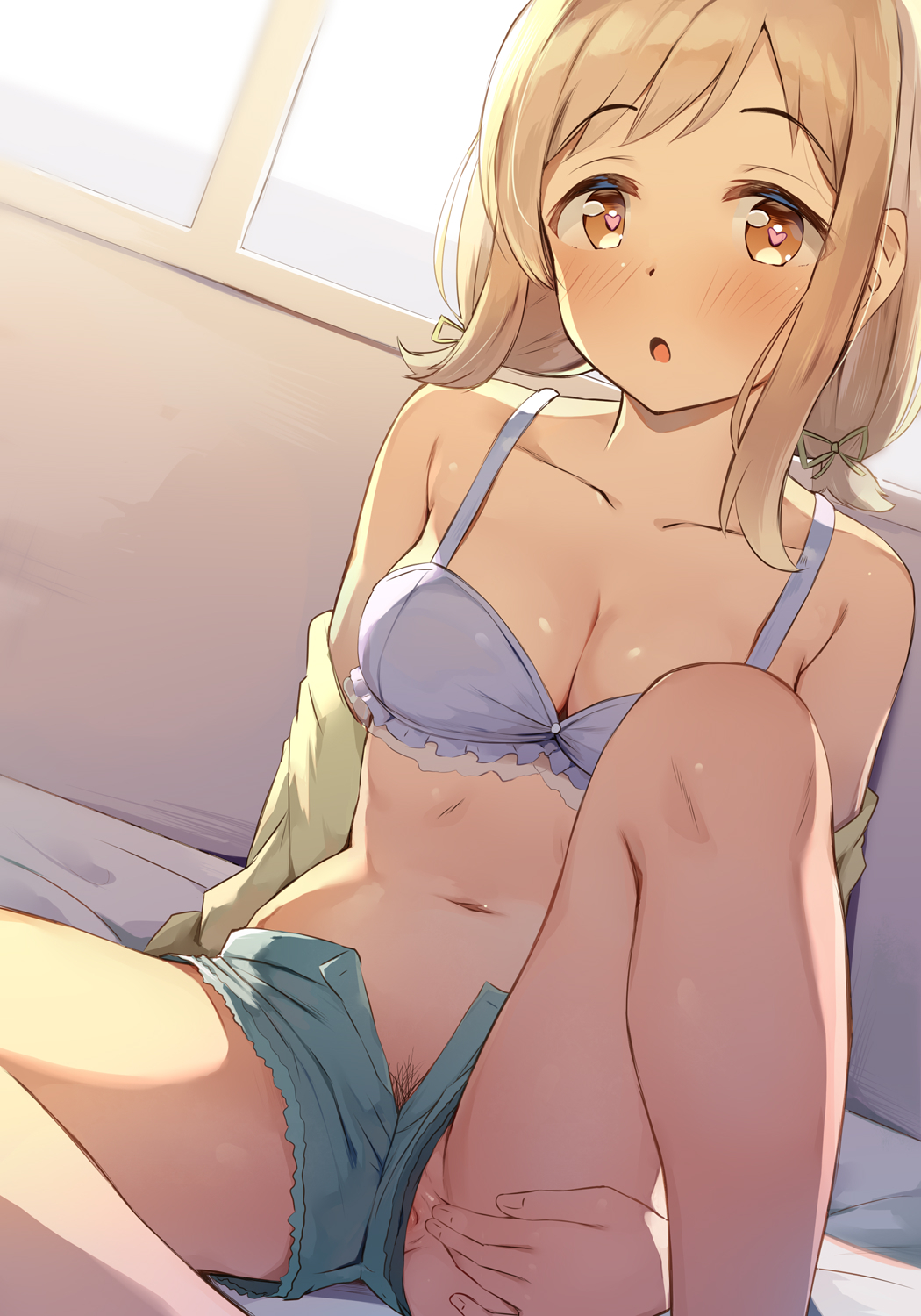 1girls :o aqua_shorts bedroom blonde_hair blue_bottomwear blue_bra blush bra breasts brown_eyes clothing collarbone commentary_request denim_shorts eyebrows_visible_through_hair female female_pubic_hair heart-shaped_pupils highres idolmaster idolmaster_shiny_colors indoors looking_at_viewer medium_breasts navel no_panties on_bed one_leg_raised open_mouth pubic_hair purple_bra pussy pussy_peek sakuragi_mano seneto short_hair shorts sitting solo solo_female spread_legs spread_pussy tomboy unbuttoned unbuttoned_shorts underwear upshorts