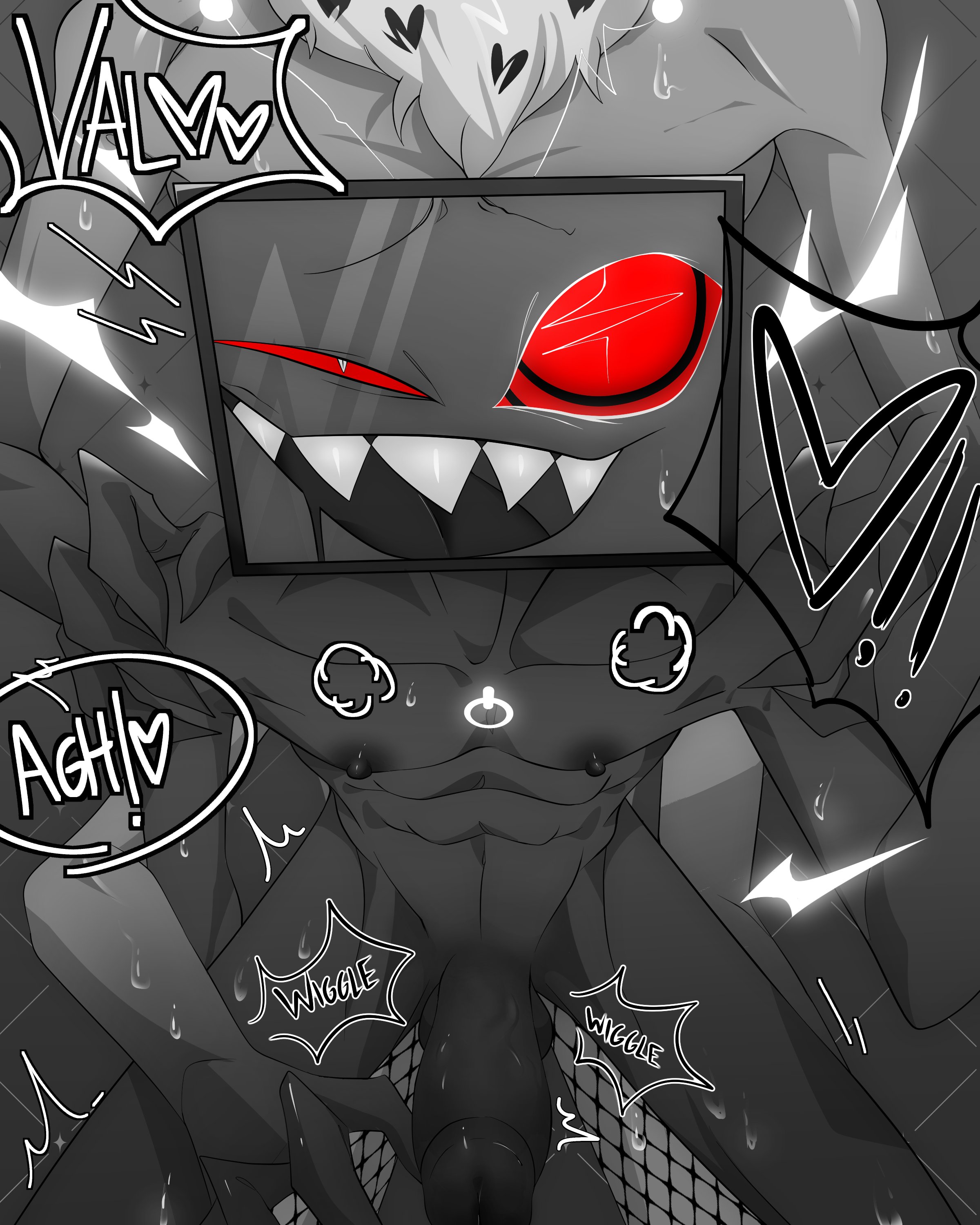 2boys, abs, ahe gao, anal, anal sex, artist request, balls, bent over, big penis, demon, erect penis, erection, from behind, gay, hands on shoulders, hazbin hotel, heart, hellaverse, looking pleasured, male, male only, male/male, monochrome, nipples, open mouth, penis, reach around, red eyes, sharp teeth, smile, smiling, smooth skin, standing, standing sex, sweat, sweatdrop, text, thighs, tv, valentino (hazbin hotel), vox (hazbin hotel), yaoi