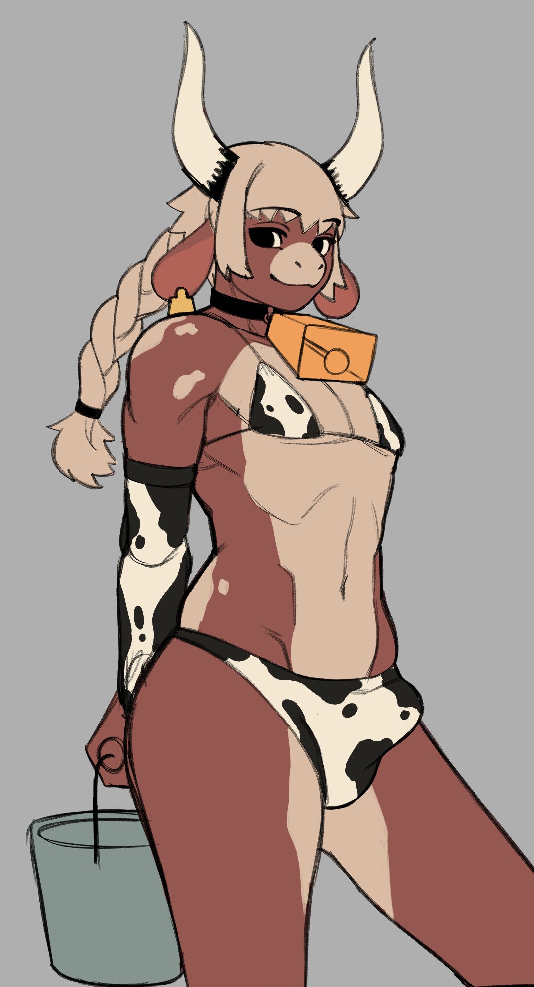 armwear bovine bra braid bucket bulge bunybunyboi colored cow_print cowbell femboy girly grey_background horns jock_(bunybunyboi) looking_at_viewer number_tag thick_thighs thong