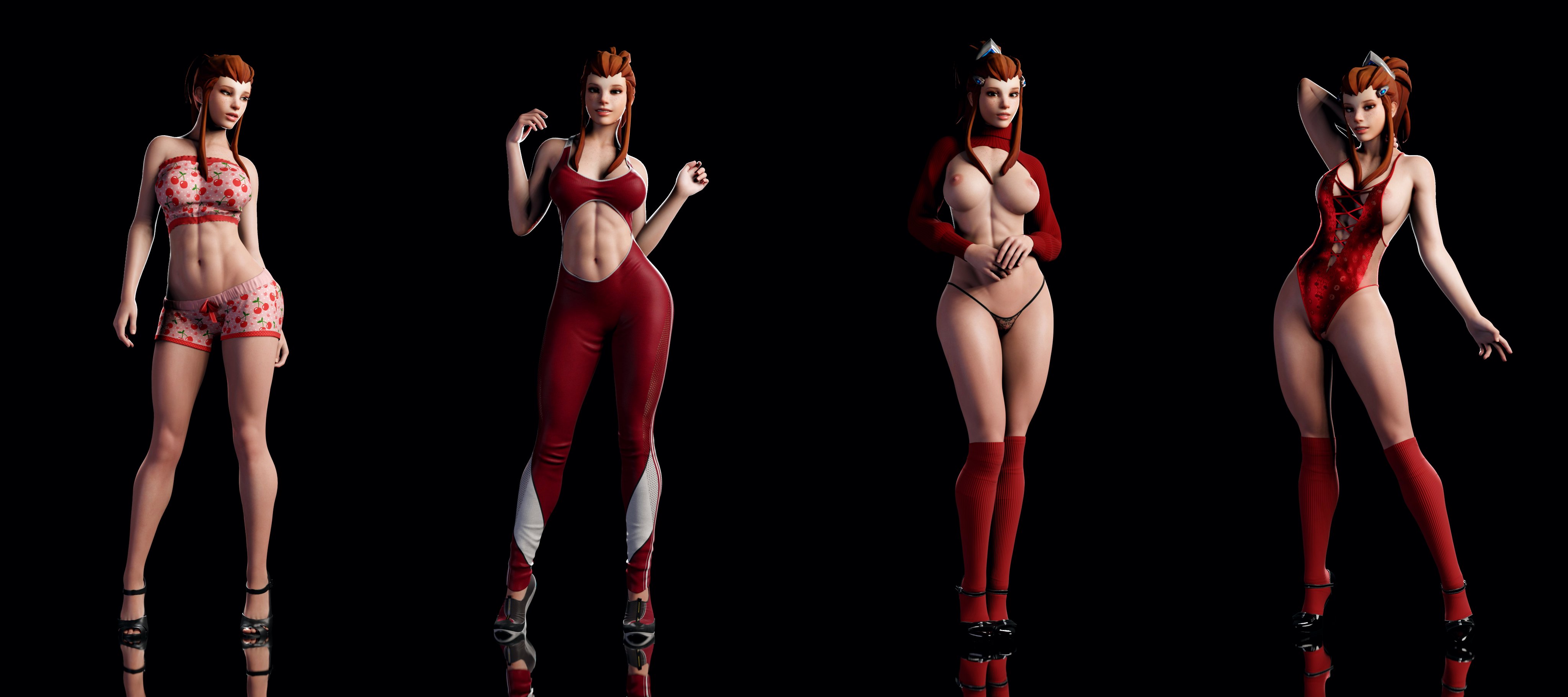 1girls, 3d, abs, areolae, big breasts, blender, breasts, brigitte, cleavage, female, large breasts, mustard sfm, nipples, overwatch, panties