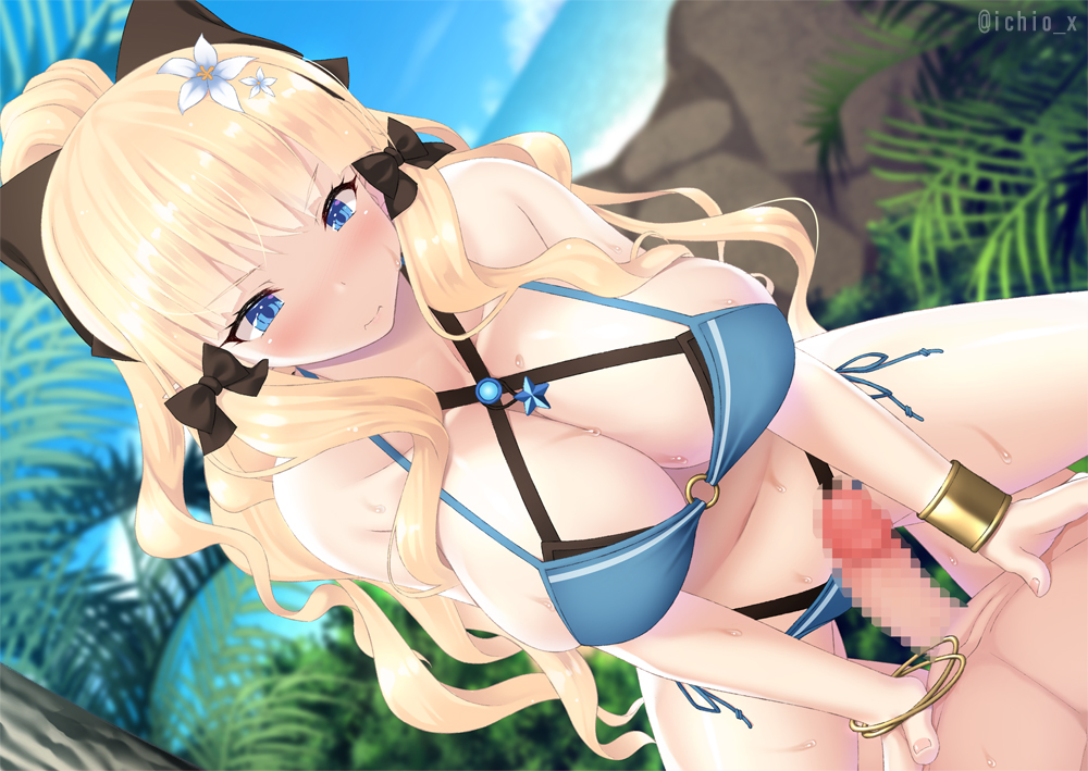 1boy aqua_bikini bangs bare_shoulders beach bikini black_bow blonde_hair blue_eyes blush bow bracelet breasts cleavage collarbone elf erection female flower hair_flower hair_ornament hairbow ichio jewelry large_breasts layered_bikini long_hair navel o-ring penis pointy_ears princess_connect! saren_(princess_connect!) straight swimsuit thighs