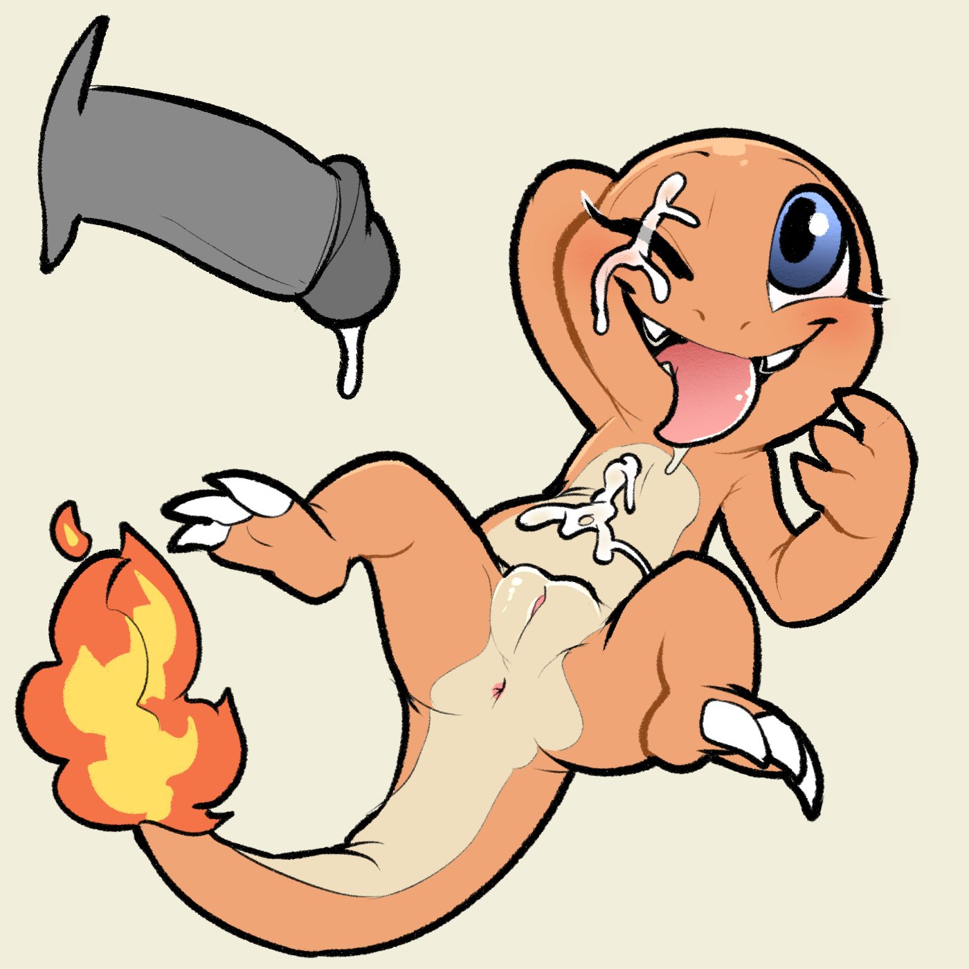 2021, anthro, anus, bodily fluids, charmander, claws, cum, cum drip, cum in eye, cum on chest, disembodied penis, dripping, duo, female, female focus, fire, flaming tail, flat chested, genital fluids, genitals, hand behind head, hi res, humanoid genitalia, humanoid penis, itsunknownanon, lying, male, male/female, nintendo, on back, one eye closed, orange body, penis, plump labia, pokémon (species), pokemon, pokemon (species), pussy, scalie, smile, solo focus, spread legs, spreading, tongue, tongue out, video games