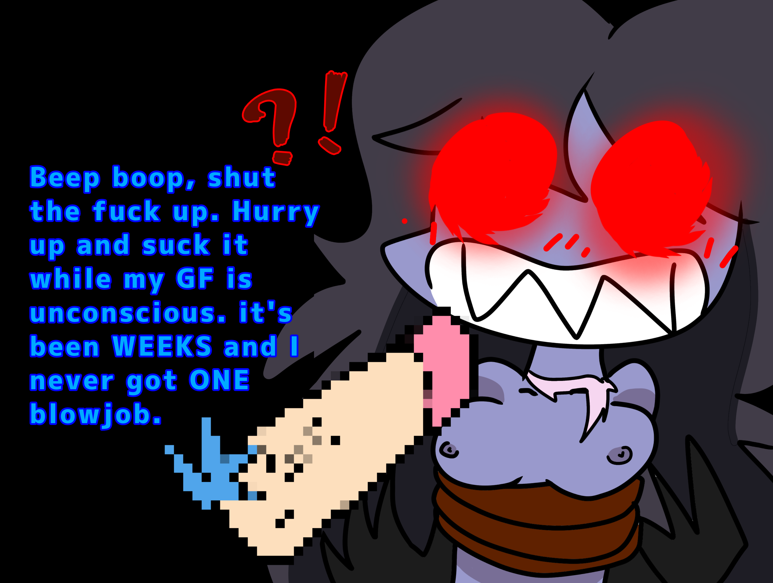 1boy, 1girls, black hair, blue hair, blush, bondage, boyfriend (friday night funkin), breasts, censored, comic, female, friday night funkin, male, manifest sky, original sky (friday night funkin), penis, pubic hair, red eyes, ripped clothing, sky (friday night funkin), skyverse