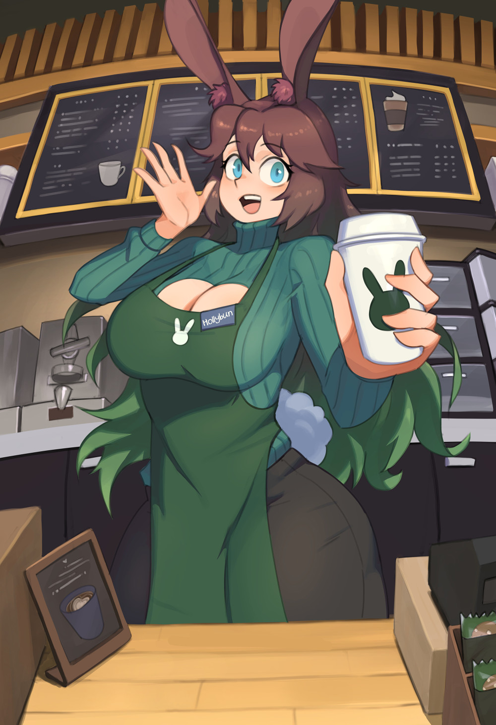 apron, barleyshake, blue eyes, breasts, brown hair, bunny ears, bunny tail, cleavage, cleavage cutout, coffee, commission, female, green hair, hollybun (barleyshake), iced latte with breast milk, inner ear fluff, long hair, name tag, open smile, original, original character, starbucks, sweater, tagme, turtleneck, two-tone hair