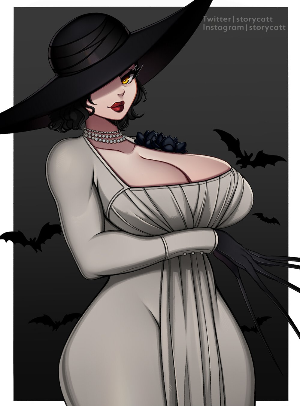 alcina dimitrescu, breasts, female, looking at viewer, resident evil, resident evil 8: village, smile, storycatt
