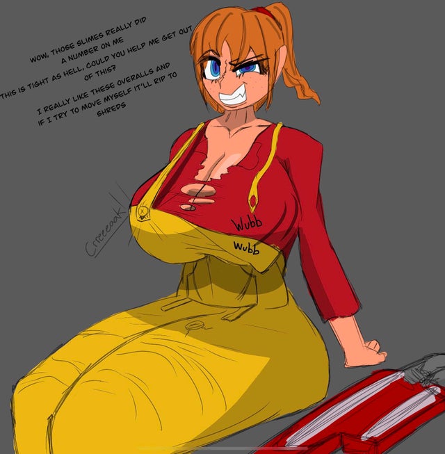 big_breasts blue_eyes breasts large_breasts mechanic_(terraria) orange_hair overalls ponytail ripped_clothing spamaccounthavefun terraria text