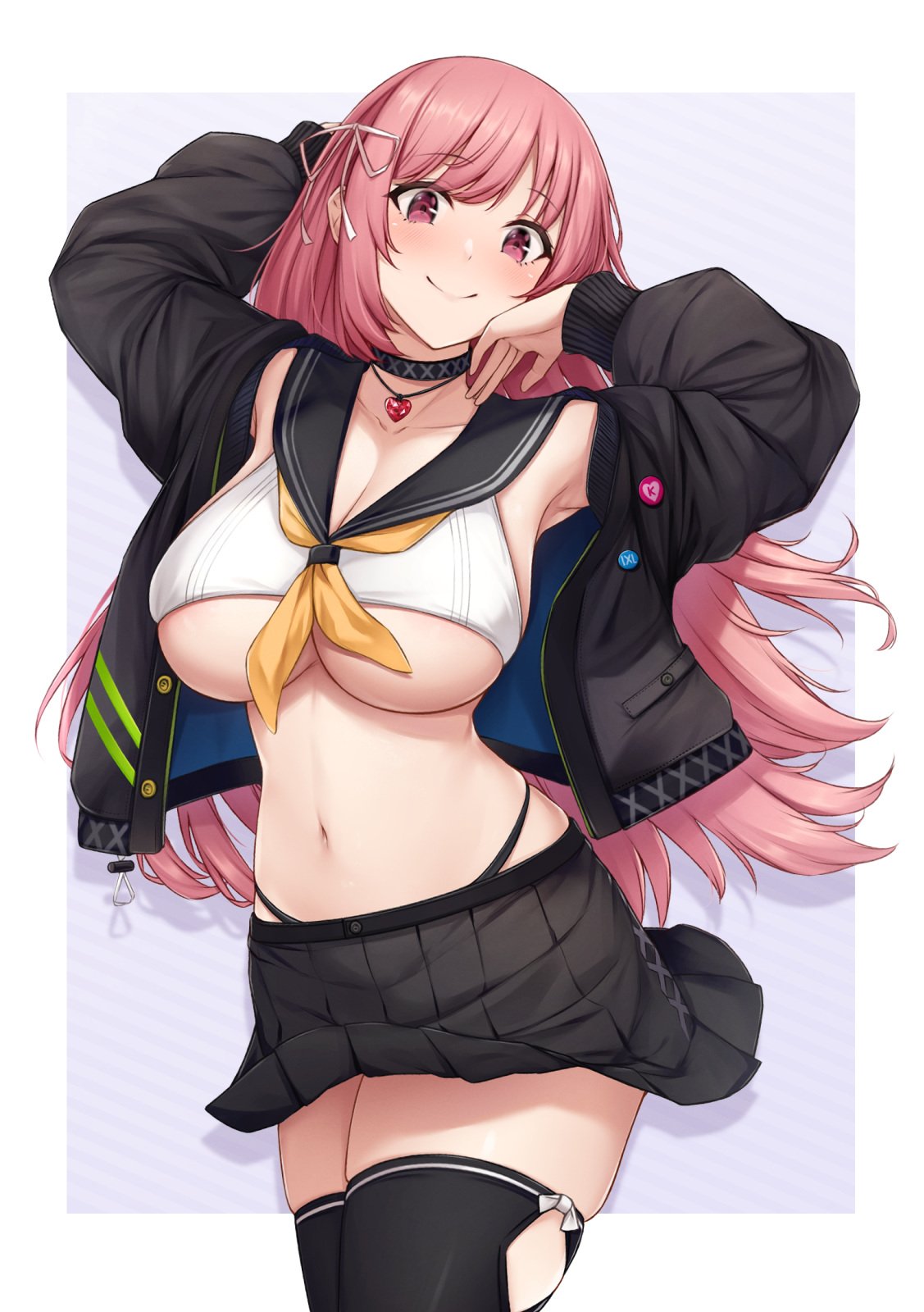 black legwear, black skirt, black stockings, bra, breasts, character request, choker, cleavage, eyebrows visible through hair, female, fou zi, gradient background, hair ornament, huge breasts, jacket, long hair, looking at viewer, necklace, original, original character, paintcan, pink eyes, pink hair, pleated skirt, sailor collar, skindentation, skirt, smile, stockings, thong, underboob, white bra, wholesome