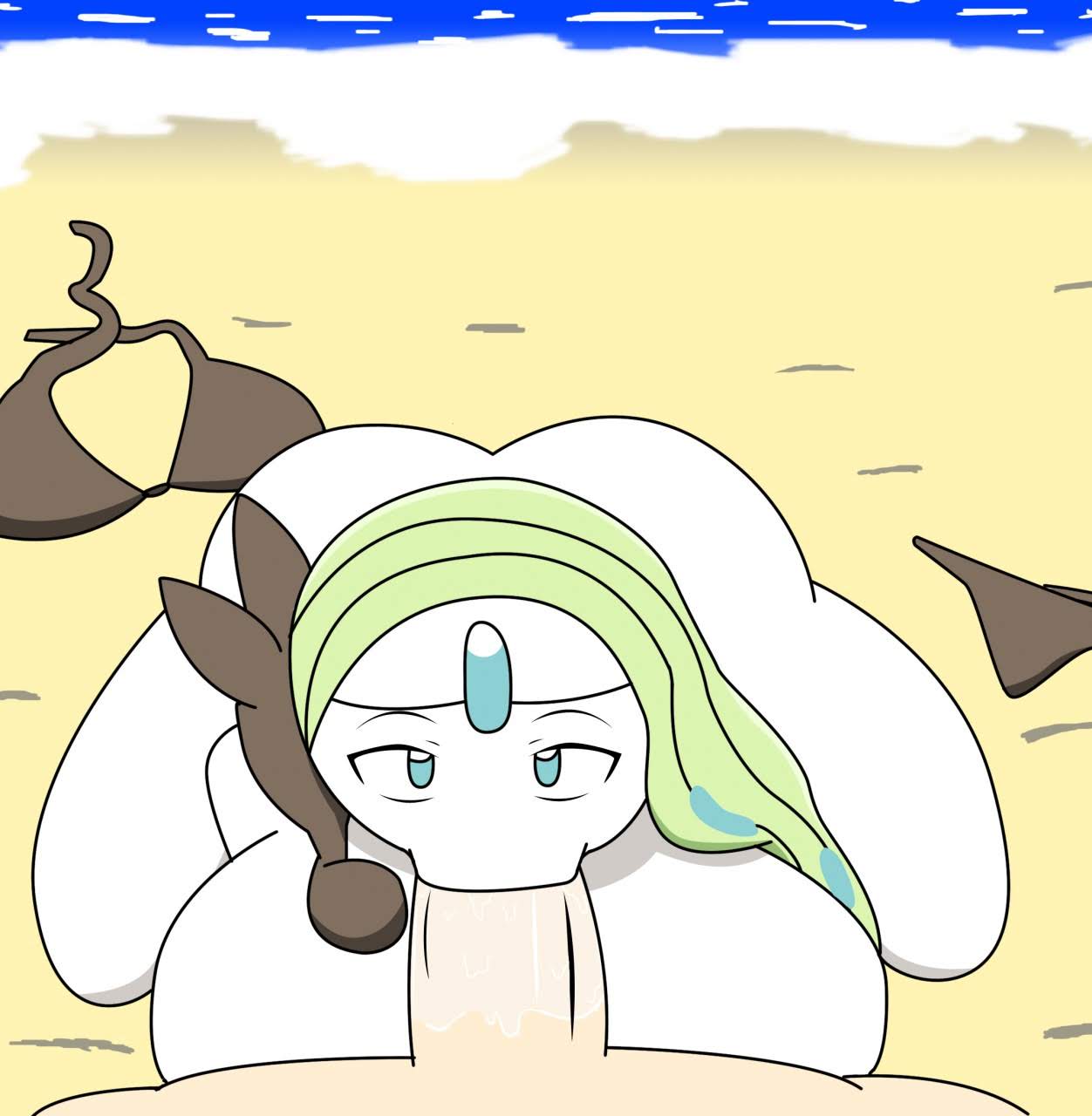 :>=, anthro, beach, breasts, fellatio, female, huge breasts, human on anthro, igphhangout, interspecies, looking at viewer, male, male human/female pokemon, male on anthro, meloetta, oral, oral sex, pokemon, pokephilia, saliva, saliva trail