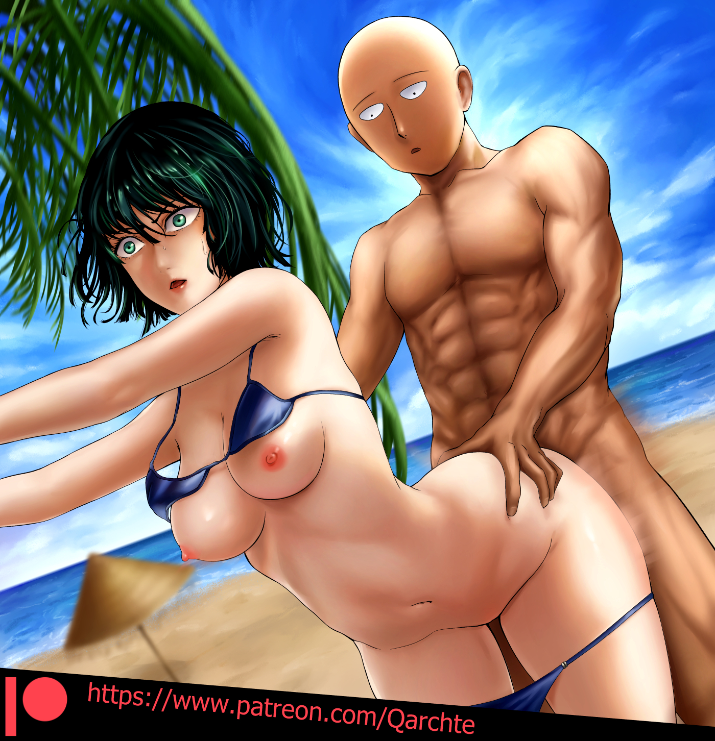 1boy, abs, beach, bikini, breasts, breasts out, clothed female, clothed female nude male, female, fubuki (one-punch man), green eyes, legs, light skin, light-skinned male, male, moaning, nipples, nude, one-punch man, pussy, qarchte, saitama, sex, shiny skin, short hair, vaginal penetration