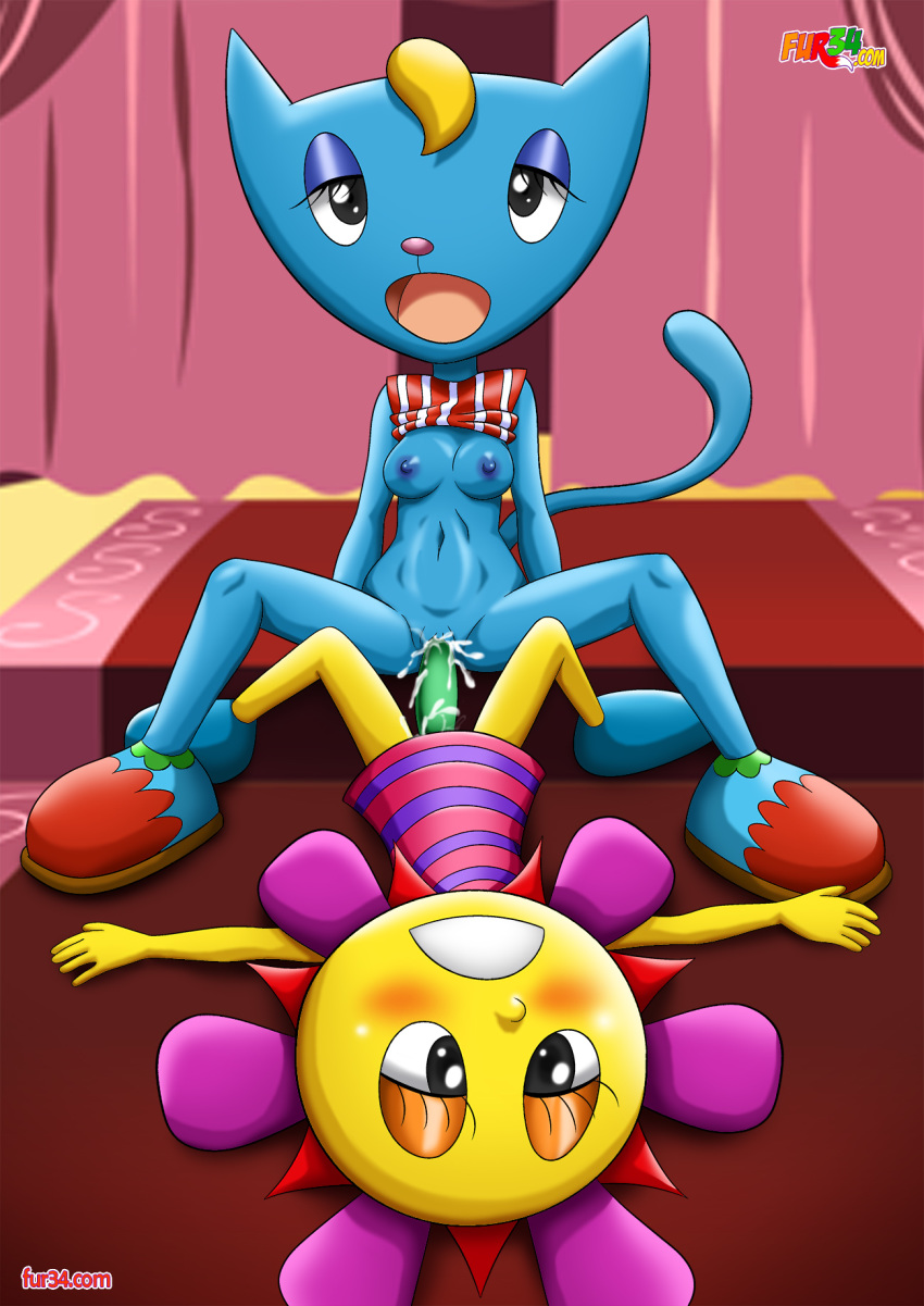 2girls anthro blonde_hair blue_fur dildo feline female/female female_only fur34 katy_kat multiple_girls palcomix parappa_the_rapper sunny_funny um_jammer_lammy yuri