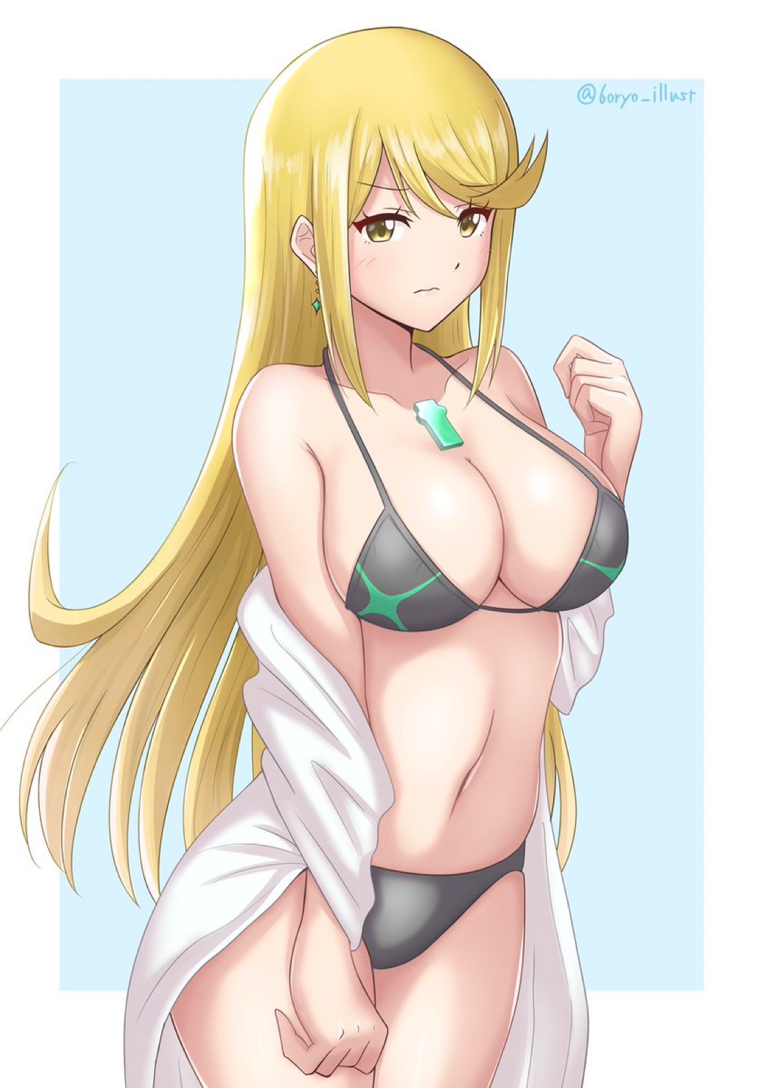 1girls, 2021, 6oryo illust, alternate costume, bangs, belly, bikini, blonde hair, blush, boob window, breasts, cleavage, closed mouth, clothed, core crystal, cute, ear piercing, ear ring, earrings, elegant, eyebrows, eyebrows through hair, eyebrows visible through hair, eyelashes, facing forward, female, female only, fist, frown, goddess, gold eyes, highres, huge breasts, humanoid, jewelry, kuudere, large breasts, legs, light skin, light-skinned female, long hair, looking at another, looking at viewer, mythra (xenoblade), pale skin, pale-skinned female, panties, revealing clothes, solo, solo focus, swept bangs, tagme, thick thighs, thighs, tsundere, v-shaped eyebrows, very long hair, wavy mouth, wedgie, xenoblade (series), xenoblade chronicles 2, yellow eyes, yellow hair