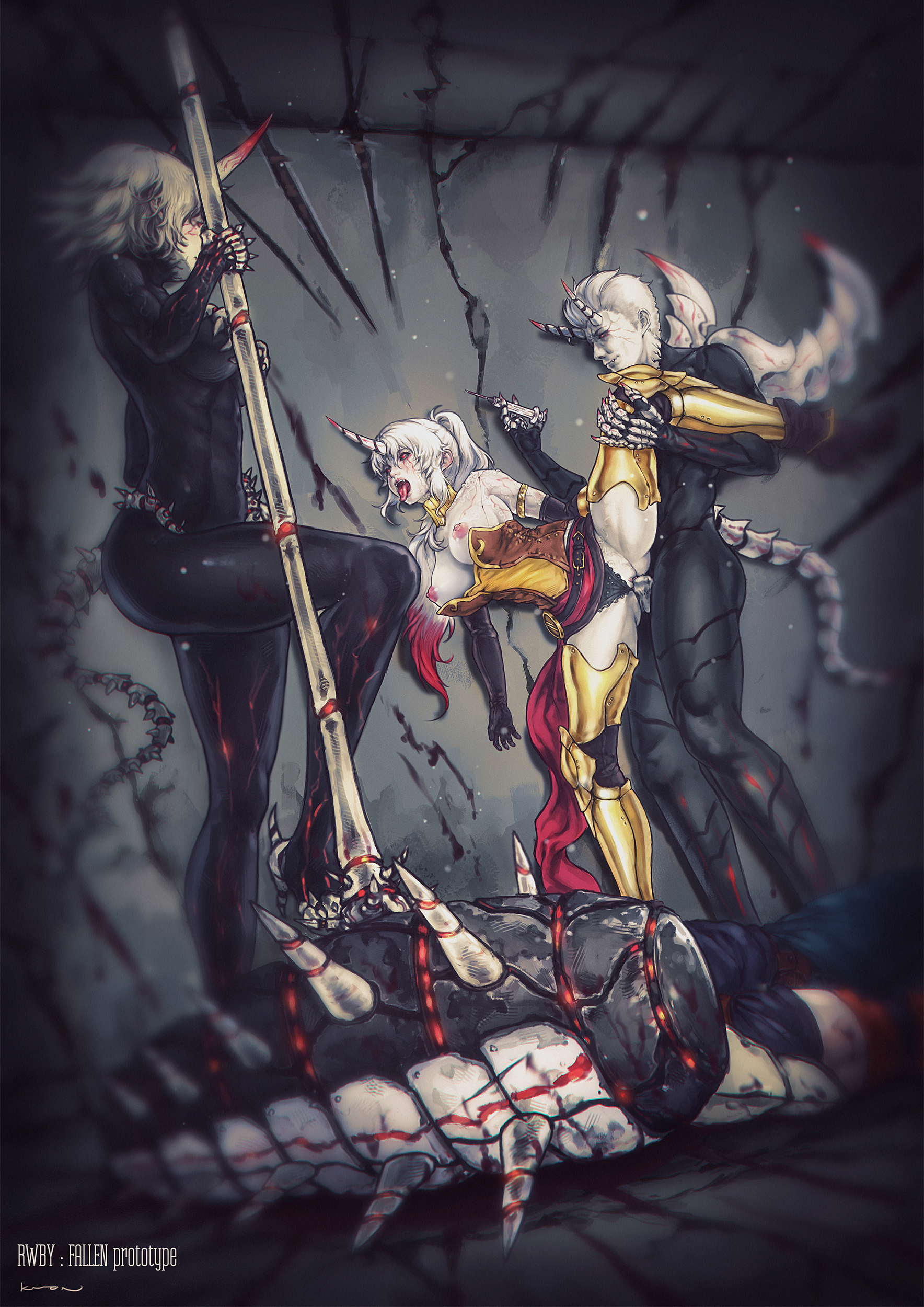 2girls, abs, black sclera, blood, cardin winchester, corruption, death, defeated, defeated hero, defeated heroine, enemy conversion, female, grimm (rwby), hammer, horn, horned humanoid, horns, jaune arc, male, more at source, multiple females, multiple girls, muscles, muscular, muscular female, nora valkyrie, open mouth, penetration, prinzkuon, pussy, pyrrha nikos, rape, red eyes, red hair, rooster teeth, rwby, species transformation, tongue, tongue out, transformation, vaginal penetration, weapon, white skin