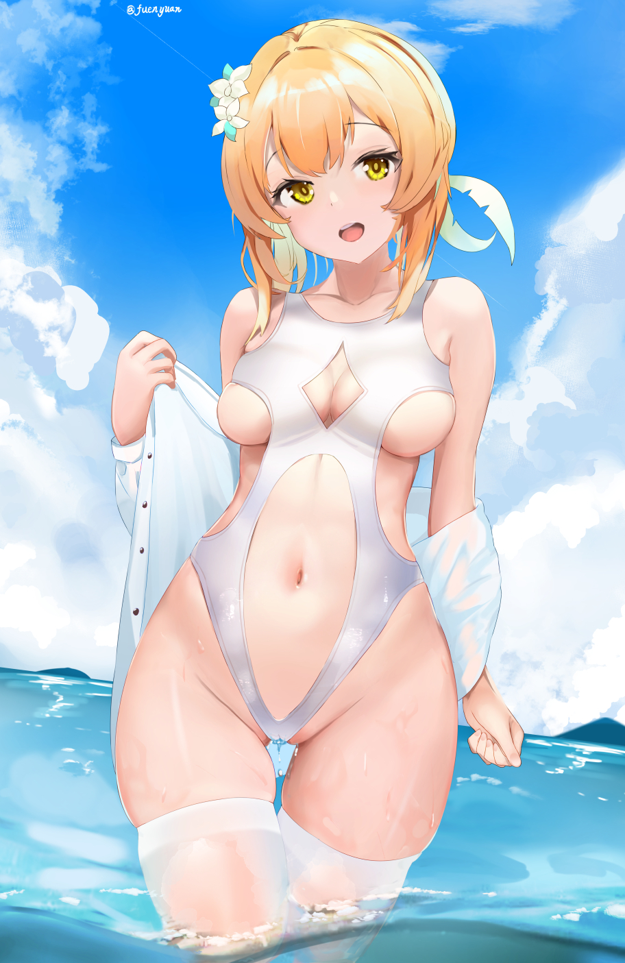 bangs bare_shoulders blonde_hair blue_sky breasts cameltoe chinese_commentary cleavage cleavage_cutout clothing_cutout cloud commentary_request cowboy_shot day female flower fuenyuan genshin_impact groin hair_flower hair_ornament highleg highleg_swimsuit highres long_hair looking_at_viewer lumine_(genshin_impact) medium_breasts midriff navel navel_cutout off_shoulder one-piece_swimsuit open_clothes open_mouth open_shirt outdoors shirt sideboob skindentation sky solo standing swimsuit thighhighs twitter_username upper_teeth wading water wet white_flower white_legwear white_shirt white_swimsuit yellow_eyes