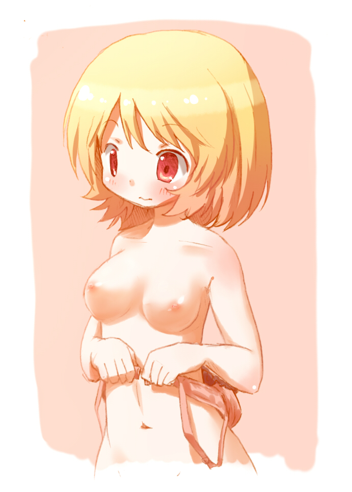 arinu blonde_hair bra dressing embarrassed female medium_breasts minoriko_aki red_eyes smile solo touhou