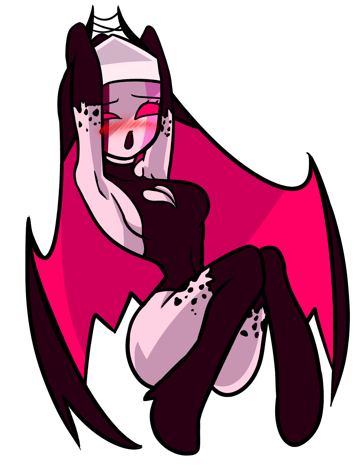 arms above head, arms behind head, arms up, barely clothed, blush, boots, demon, demon girl, demon horns, eyes half open, female, female only, friday night funkin, gloves, legs, legs together, legs up, legwear, mid-fight masses, open mouth, pink eyes, pink skin, sarvente (dokki.doodlez), tagme (artist), tight clothing