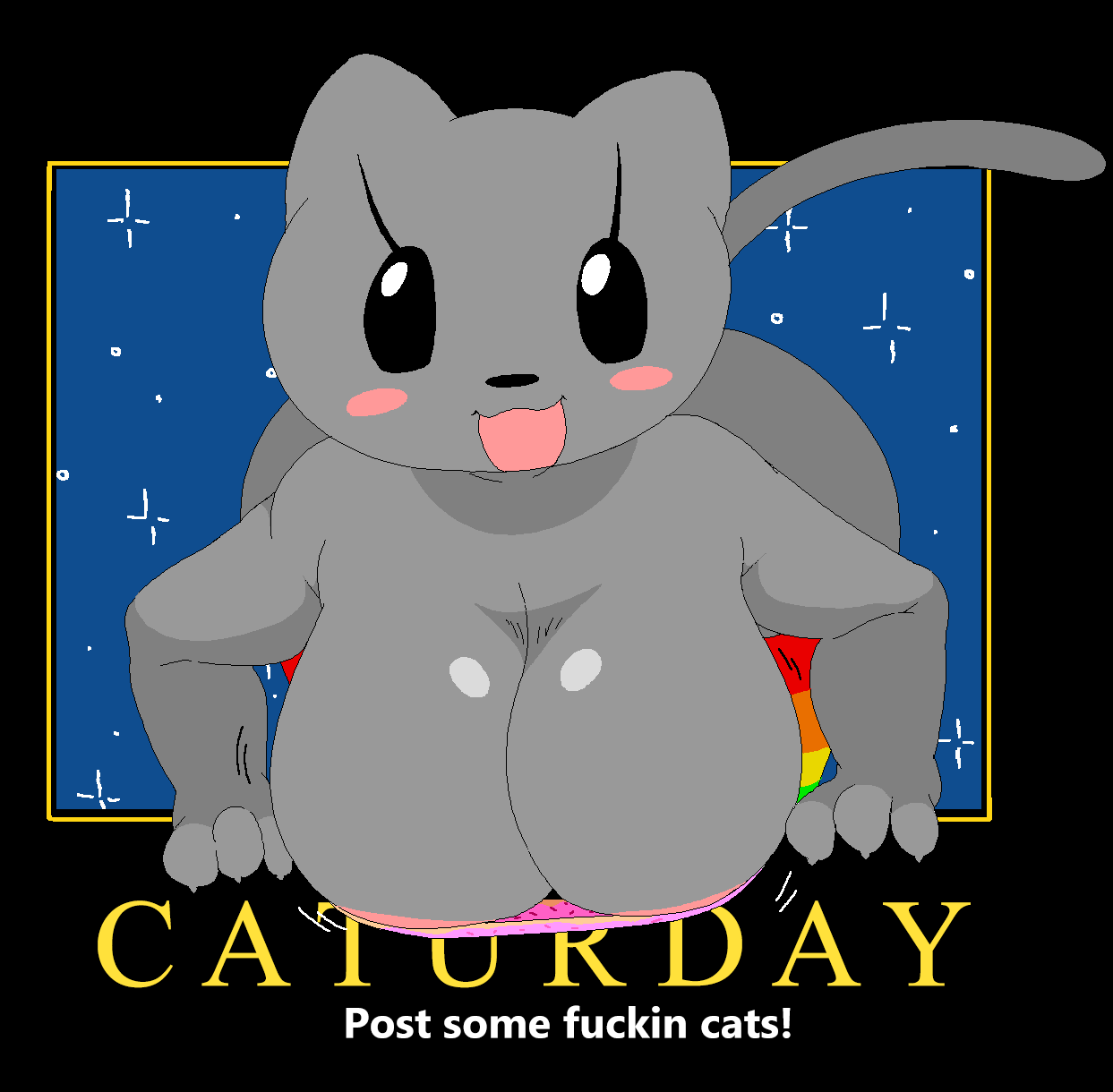 anthro blush breasts cat_ears cat_tail caturday claws cute dream-cassette feline female hoshime looking_at_viewer meme mob_face motivational_poster nyan_cat saturday shortstack smiling