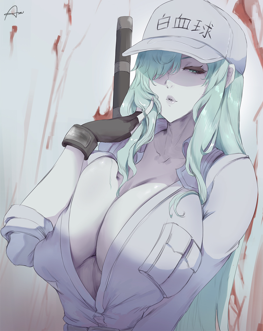 1girls, araneesama, blue eyes, blue hair, breasts, cabbie hat, clothing, colored skin, cutesexyrobutts (style), female, fingerless gloves, gloves, hair over one eye, hat, hataraku saibou, hataraku saibou black, headwear, hi res, large breasts, long hair, looking at viewer, signature, u-1196, uniform, white blood cell (hataraku saibou), white skin