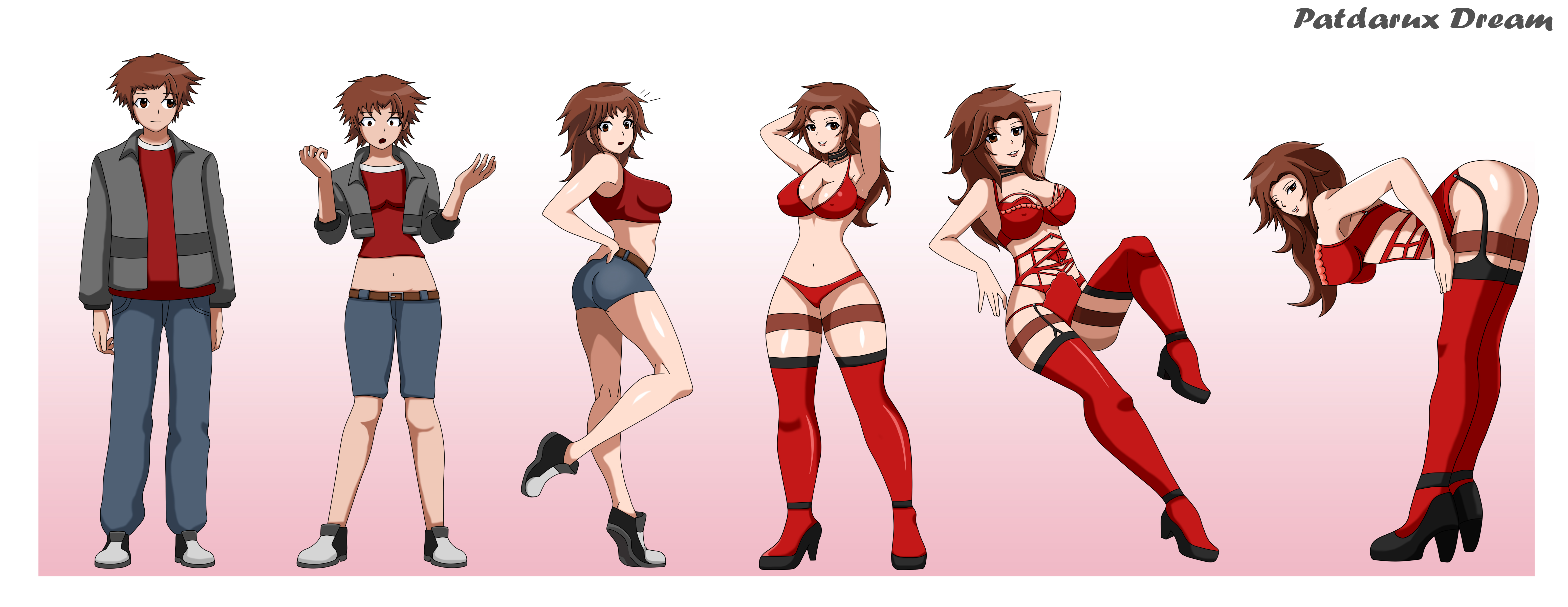 ass, ass expansion, bending forward, black garter straps, black high heels, bra, breast expansion, breast growth, breast growth (enlargement), breasts, brown hair, cleavage, corset, female, garter straps, gender transformation, high heels, hopetg, lingerie, looking at viewer, messy hair, mtf transformation, panties, patdarux, red bra, red corset, red lingerie, red panties, red stockings, red thong, short shorts, side view, stockings, thong, transformation, transformation sequence