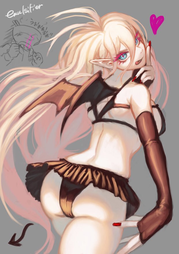 :p, 1girls, ass, black lingerie, blonde hair, danganronpa, danganronpa v3, female, grey background, heart, iruma miu, japanese text, light skin, light-skinned female, looking at viewer, nosebleed, pale skin, pale-skinned female, pointed ears, red nails, skirt, smooth skin, tongue, vampire, wings