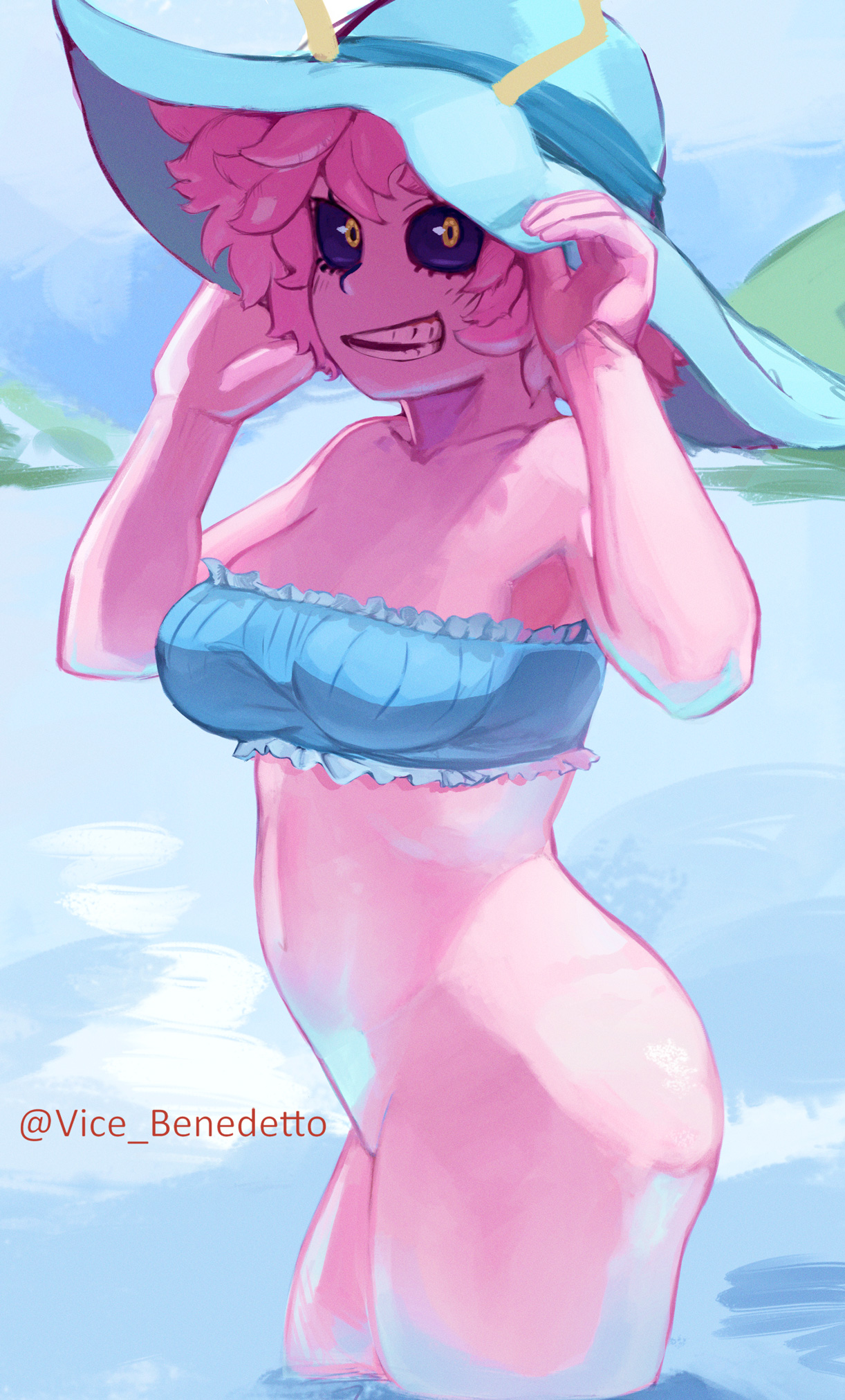 1girls, beach, bottomless, female, grin, hat, mina ashido, my hero academia, outdoors, outside, pink hair, pink skin, pink-haired female, public, public nudity, short hair, solo, sun hat, teenager, vice benedetto, water