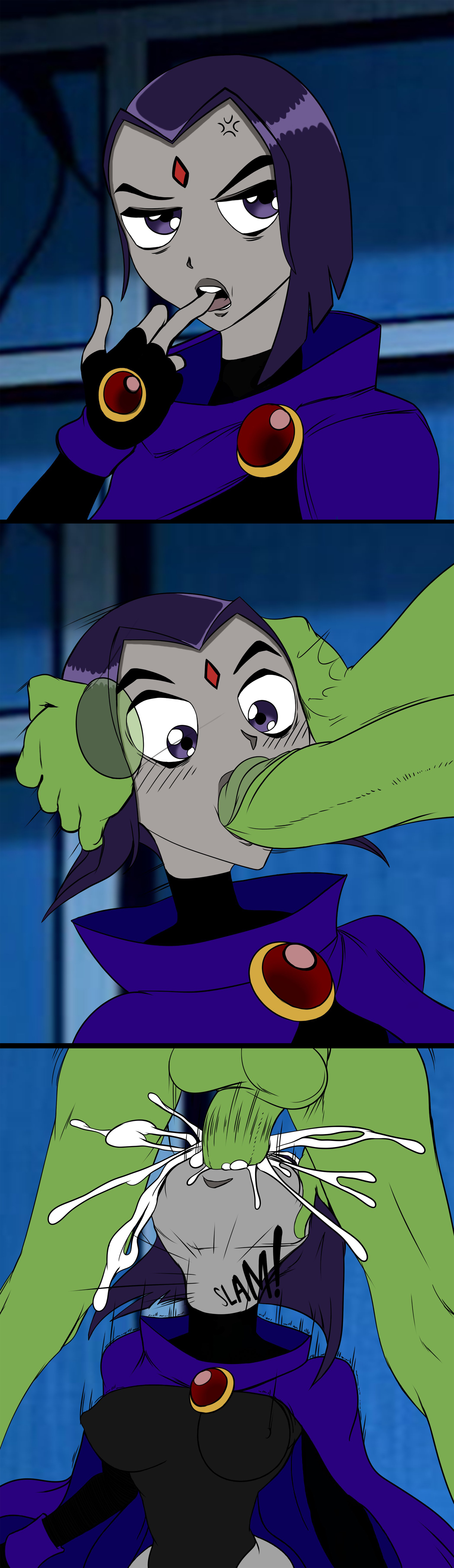 1boy, 1girls, balls, beast boy, big penis, blowjob, breasts, busty, cloak, comic, cum, cum explosion, cum in mouth, cum inside, dc, dc comics, deepthroat, edit, ejaculation, erect nipples, fellatio, female, forced oral, garfield logan, glans, green skin, grey skin, head grab, hourglass figure, huge cock, incogneato, leotard, male, middle finger, nipple bulge, nipples, oral, oral penetration, oral sex, partial male, penis, purple hair, rachel roth, rape, raven (dc), short hair, swindle (artist), swindle94, teen titans, testicles, throat bulge, wide hips