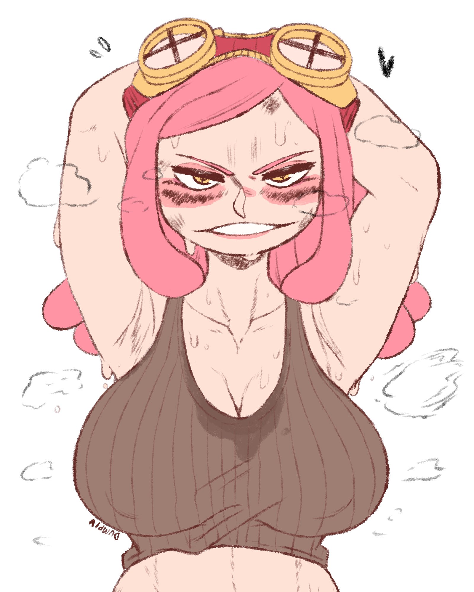 1girls, armpits, arms behind head, arms up, big breasts, blush, breasts, dumpiwumpi (artist), female, female focus, female only, looking at viewer, mei hatsume, my hero academia, pink hair, pink-haired female, simple background, solo, sweat, sweat stain