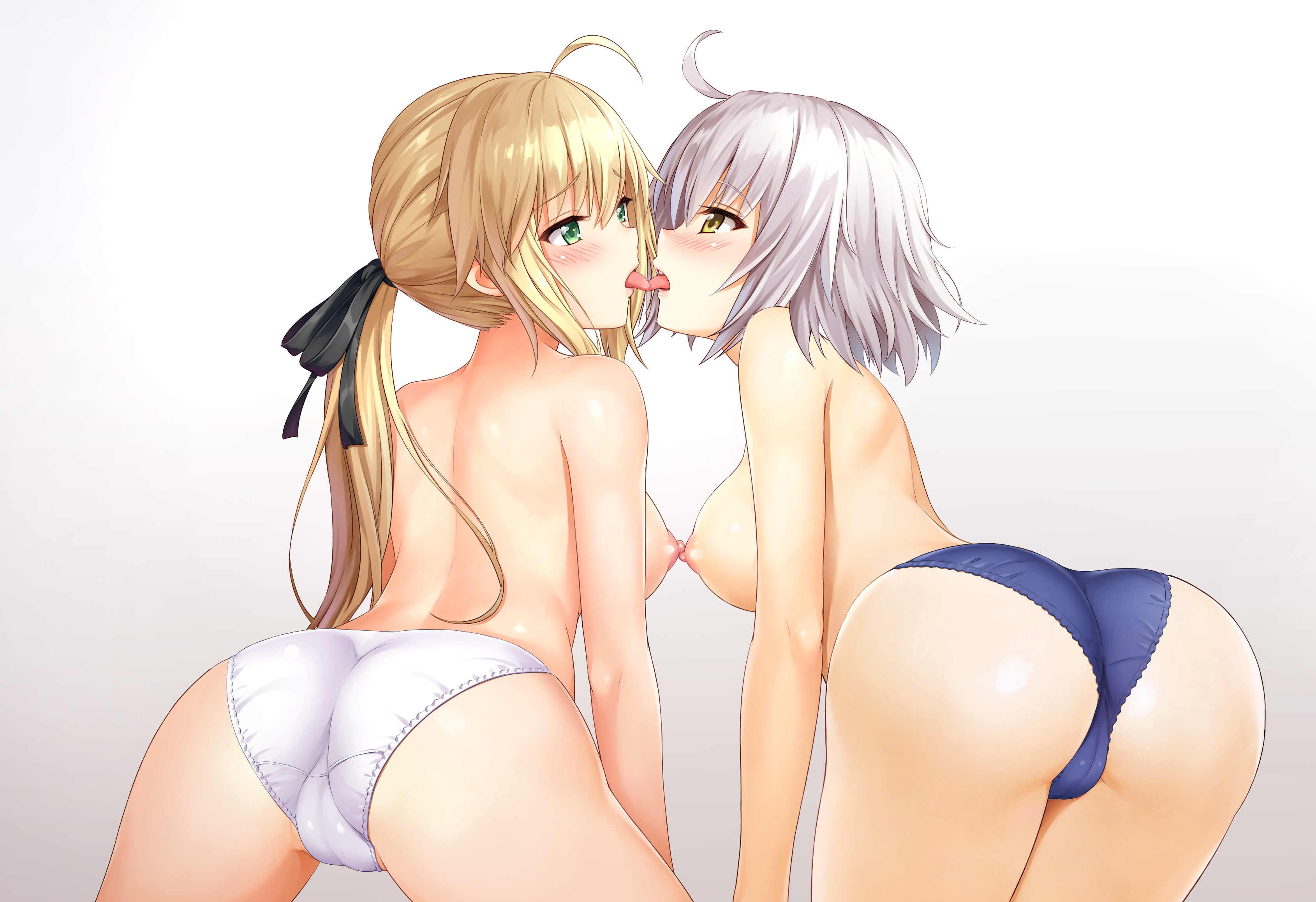 2girls, absurdres, ahoge, artoria pendragon, artoria pendragon (all), ass, ass focus, big ass, big breasts, blonde hair, bow, breasts, brown eyes, cameltoe, denhijou niki, duo, fate (series), fate/grand order, female, female only, highres, jeanne alter, jeanne d'arc (alter) (fate), jeanne d'arc (fate) (all), kissing, light skin, light-skinned female, looking at viewer, looking back, multiple females, multiple girls, nipples touching, pussy, saber, short hair, smile, thighhighs, yuri