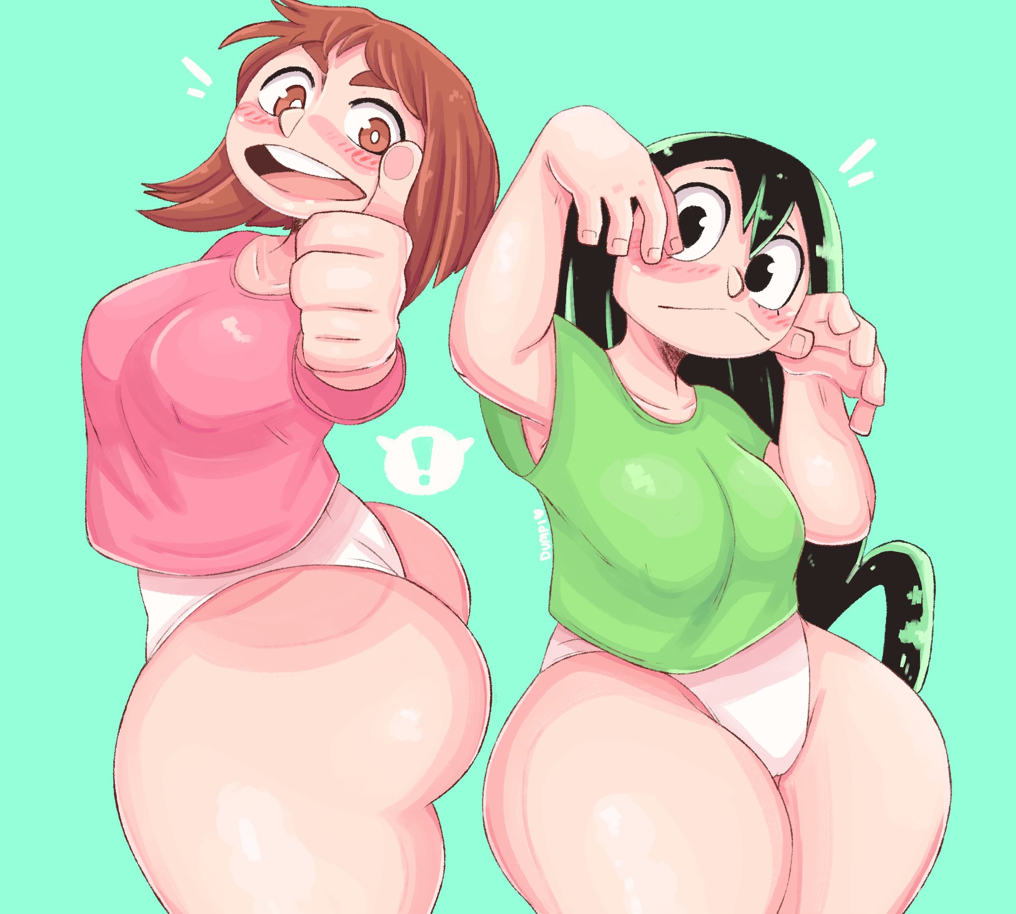 !, 2girls, ass, bare thighs, blush, breasts, brown eyes, brown hair, clothed, clothing, dumpiwumpi (artist), duo, female, female only, green hair, huge ass, looking at viewer, looking back, my hero academia, no pants, ochako uraraka, panties, pose, simple background, smile, t-shirt, thick thighs, tsuyu asui, wide hips