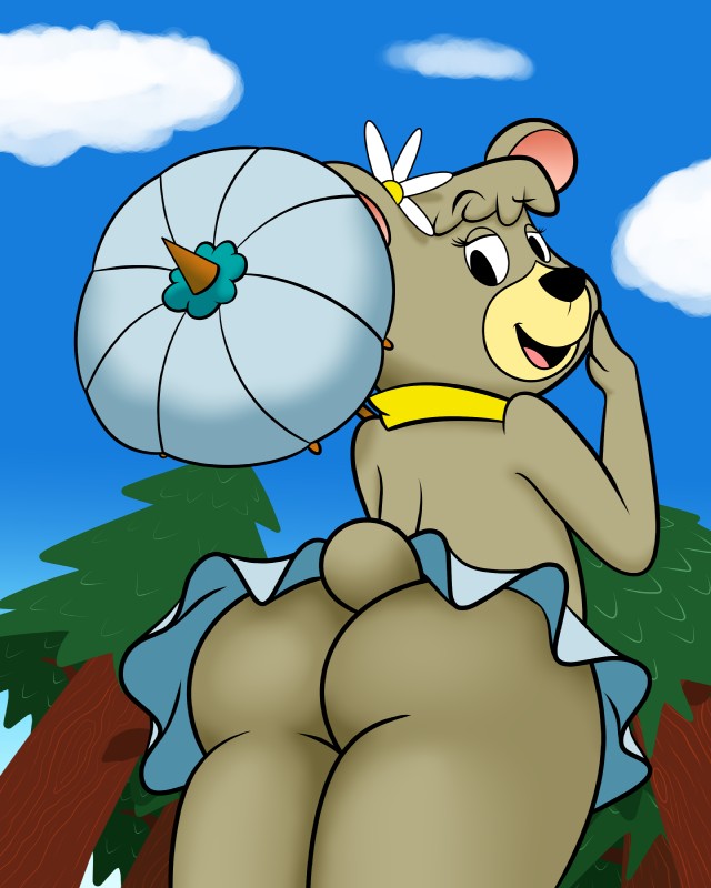 4:5 absurd_res anthro ass bear bottomwear butt_pose cartoon_network cindy_bear clothing digital_media_(artwork) female flower_in_hair forest hanna-barbera hi_res looking_at_viewer low-angle_view mammal marcodile miniskirt parasol plant portrait pose rear_view skirt solo three-quarter_portrait tree upskirt ursid yogi_bear