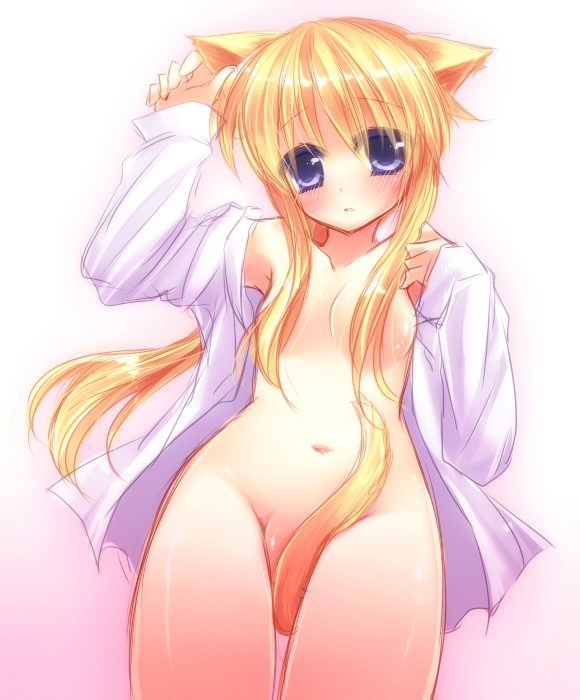 07th_expansion blonde_hair blue_eyes blush cat_ears cat_tail catgirl convenient_censoring female female_only functionally_nude lion_ushiromiya long_hair mostly_nude open_shirt partially_clothed rule_63 solo umineko_no_naku_koro_ni