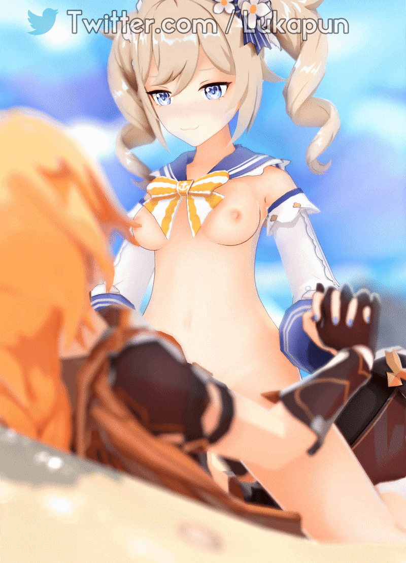 :3, 3d, aether (genshin impact), animated, barbara (genshin impact), barbara (summertime sparkle) (genshin impact), beach, blonde hair, blue eyes, bouncing breasts, breasts, female, genshin impact, holding hands, looking at viewer, lukapun, nipples, nun, sex, twintails