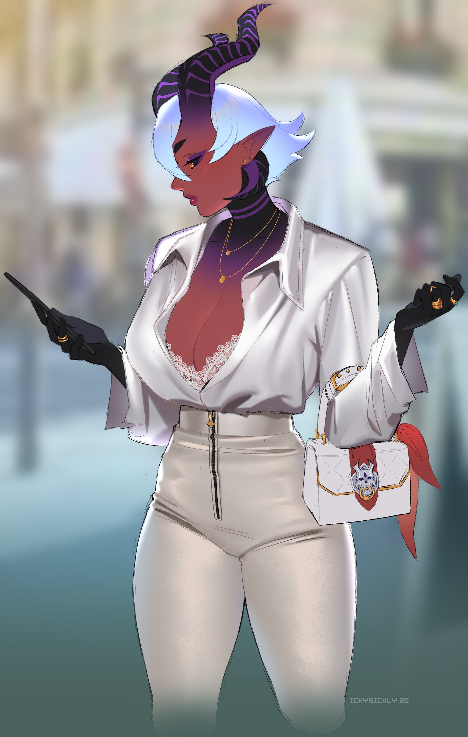 1girls, black sclera, blurry background, cleavage, clothing, demon, demon girl, demon horns, elegant, female, female only, handbag, hi res, holding phone, horns, ickysickly, looking at phone, necklace, orange eyes, phone, pointy ears, red skin, ring, scarlette (ickysickly), solo, solo female, white hair