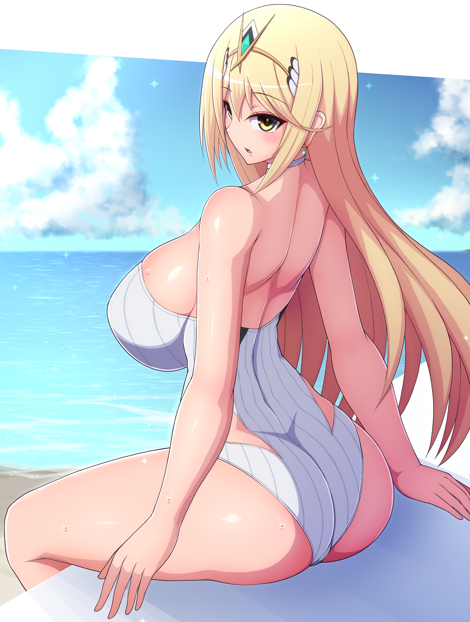 :o, 1girls, 2021, alternate costume, arm support, ass, ass focus, back, back view, backless outfit, bangs, bare legs, beach, blonde hair, blue sky, blush, breasts, choker, competition swimsuit, female, female focus, female only, gold eyes, hair ornament, hi res, highleg swimsuit, huge ass, light blush, long hair, looking back, looking over shoulder, mythra, nintendo, one-piece swimsuit, open mouth, outdoors, ponpo, sand, seductive, shiny skin, sideboob, sitting, solo, sweat, sweaty body, swept bangs, thick thighs, thighs, tiara, tight clothing, tight fit, tight swimsuit, water, white border, white choker, white swimsuit, xenoblade (series), xenoblade chronicles 2