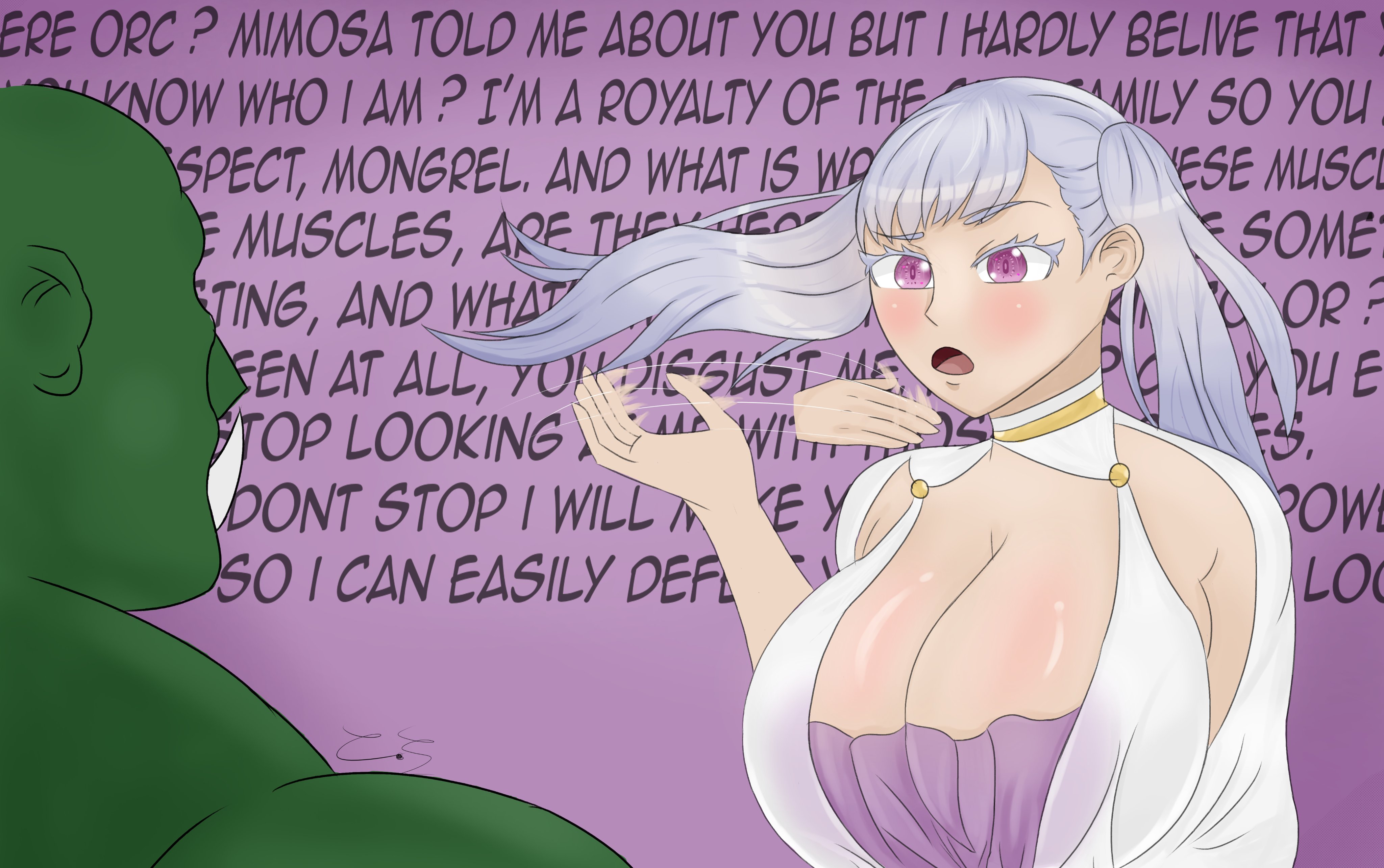 1boy, 1girls, alternate breast size, before sex, black clover, breasts, chillchili, clothed, disgusted, faceless male, female, green skin, green-skinned male, huge breasts, light skin, light-skinned female, male, noelle silva, orc, orc male